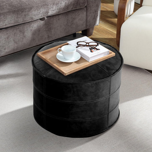 Round Leather Ottoman,Handmade Stuffed Ottoman,Genuine Leather Pouf, Foot Rest Pouf,Comfortable Soft Seating for Living Room & Bedroom (Black, Round)