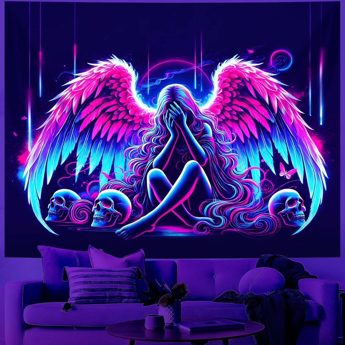 Blacklight Tapestry,WingTapestry Glow In The Dark,UV Reactive Black Light Upright Posters Wall Hanging for Bedroom Dorm Living Room Backdrop Decor (wing1, 59L" x 51W")