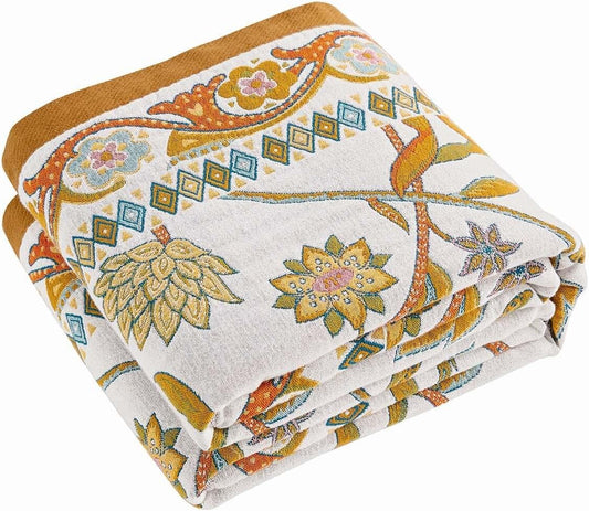 Fall Throw Blanket for Couch, Brown Boho Decorative Throw Blanket, 100% Cotton Muslin Breathable Woven Farmhouse Blankets Quilt, 80"x90" Reversible Lightweight Blankets Bohemian Throw Quilt