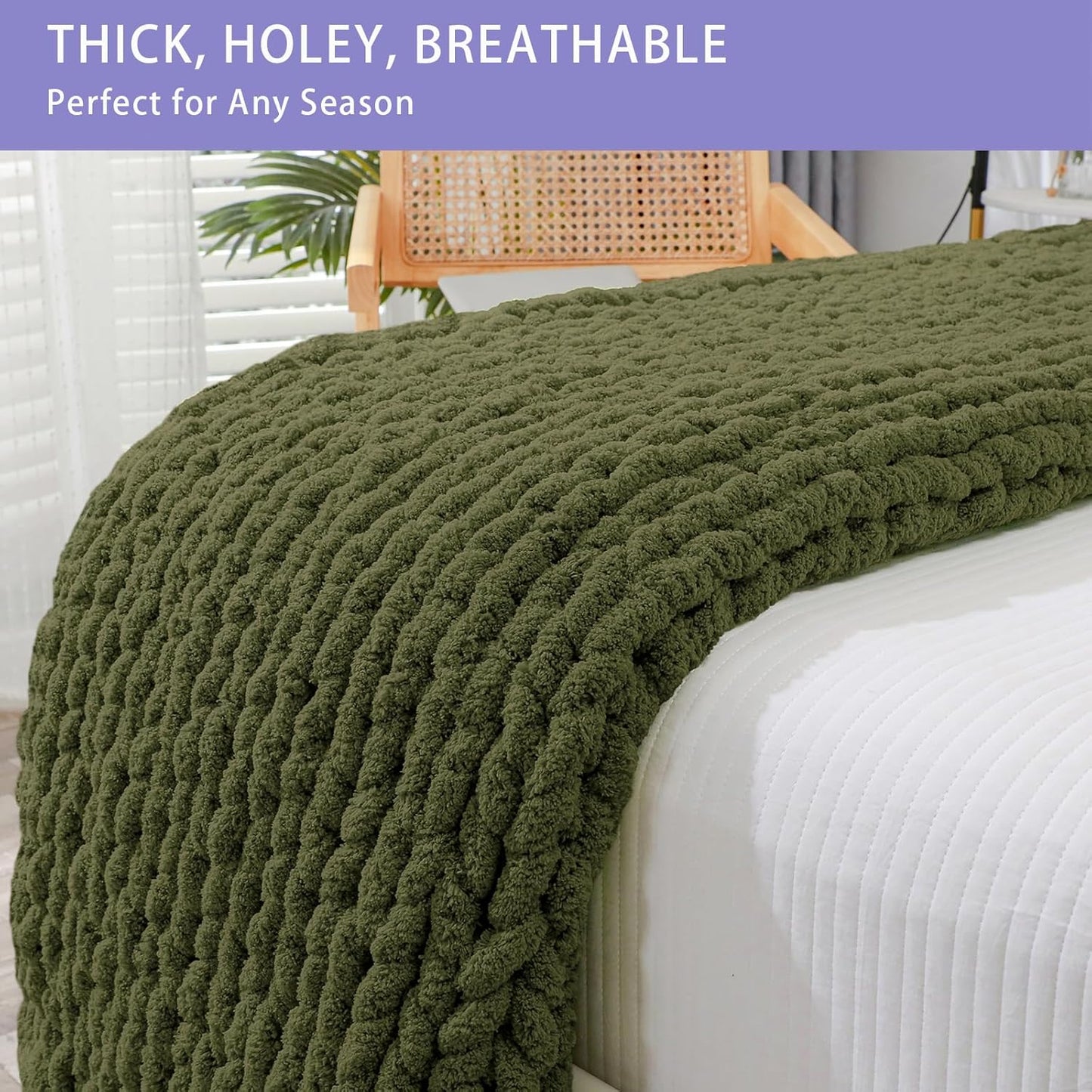 Bigacogo Chunky Knit Throw Blanket for Couch, 40x80 inches, 100% Hand Knitted with Thick Jumbo Chenille Yarn, Cozy Soft Large Rope Knot Cable Crochet Blankets for Sofa Bed Living Room, Yellow Green