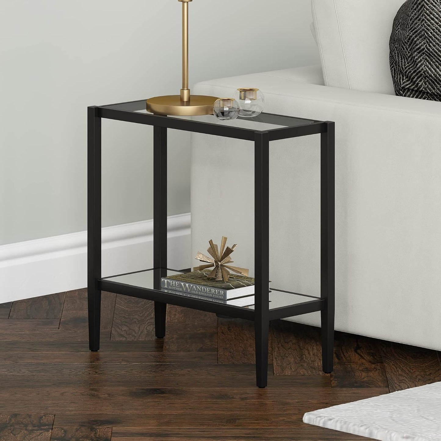 Henn&Hart 24" Wide Rectangular Side Table with Glass Shelf in Blackened Bronze, Table for Living Room, Bedroom