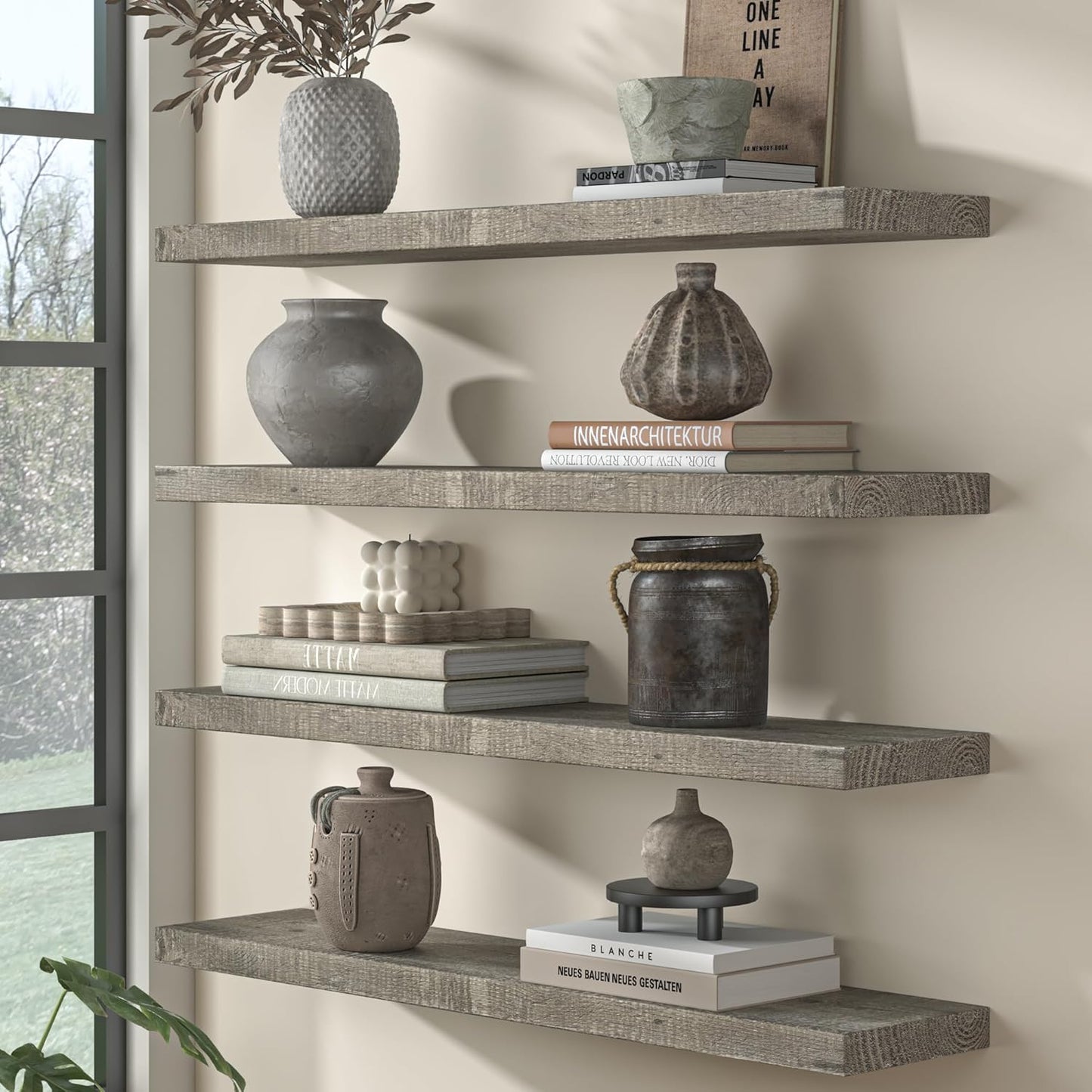 Fun Memories Floating Shelves for Wall Dec, 72"x8" Rustic Reclaimed Wood Shelves, Heavy-Duty Wall Mounted Shelves with Invisible Brackets for Living Room, Bedroom, Kitchen, Grey Finish