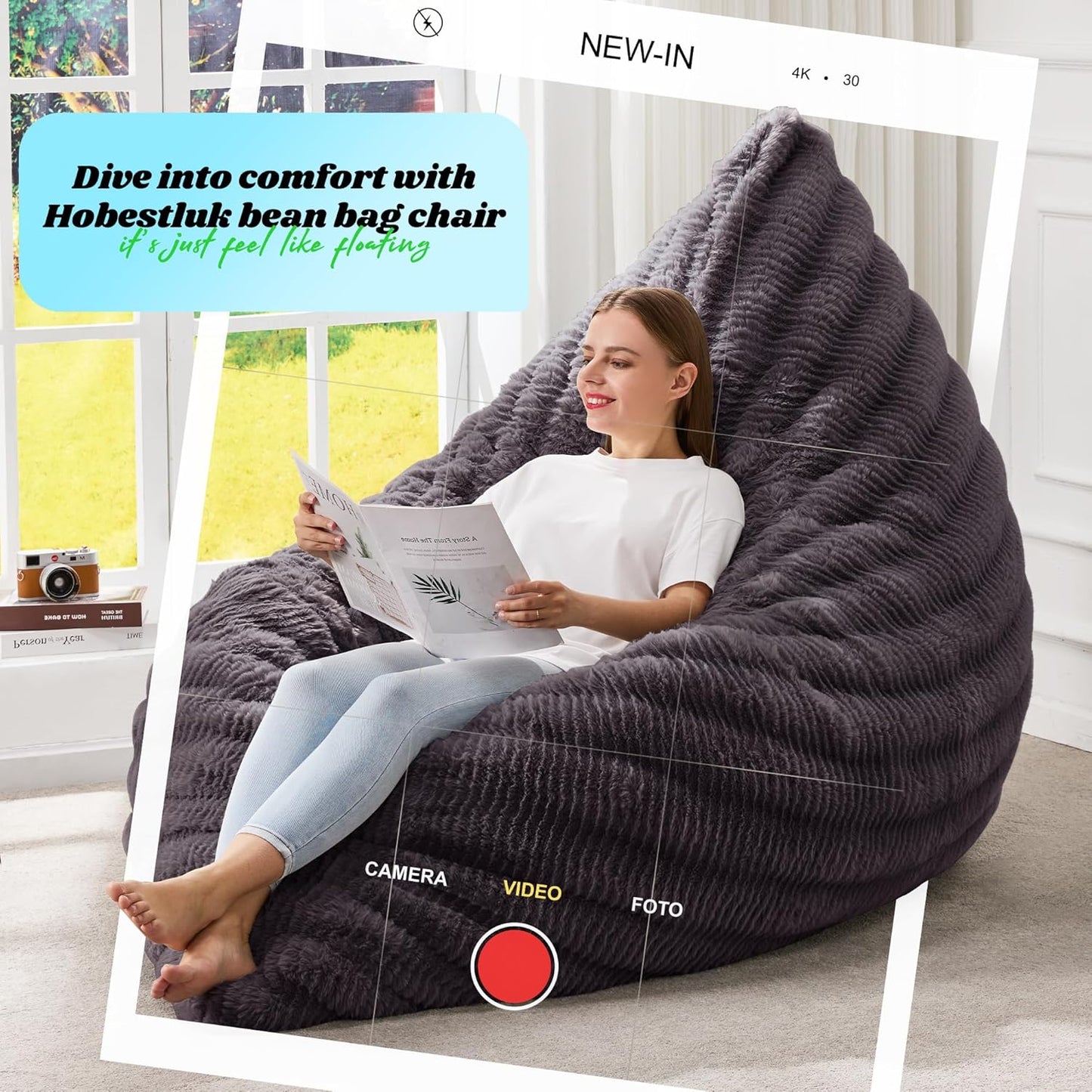 Hobestluk 3 in 1 Bean Bag Chair Giant Bean Bag Chairs for Adults with Ripple Cover Convertible Bean Bag Floor Cushion with Machine Washable Cover for Living Room (Ripple Dark Grey)