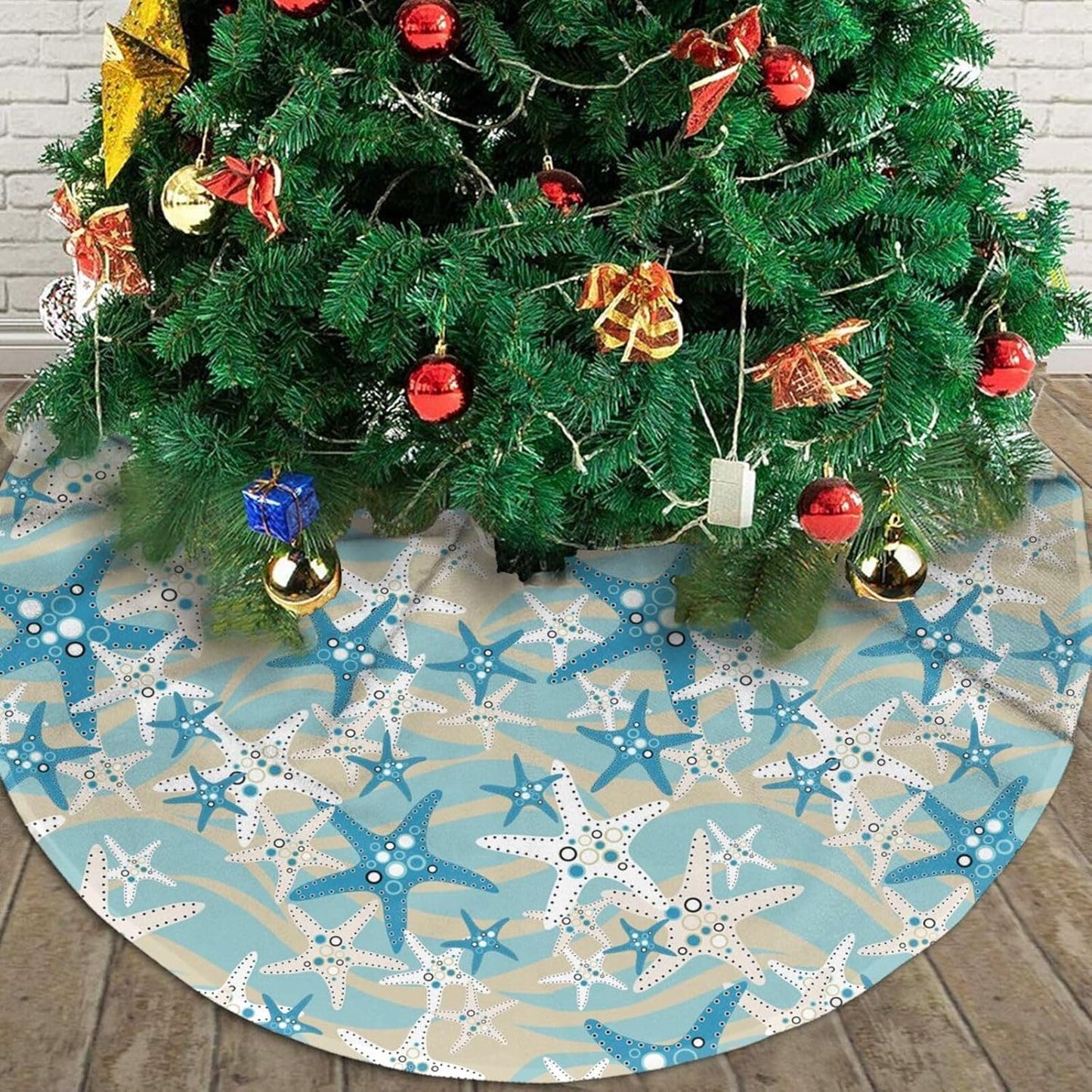 Christmas Tree Skirt,Beach Starfish Xmas Tree Skirt Rustic Farmhouse Tree Skirt for Christmas Decor Xmas Holiday Home Party Decorations48