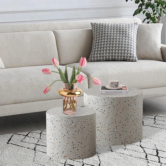 Round Nesting Coffee Table Set of 2 Modern Wooden Drum Coffee Table and End Table Sets Small Side Tables Circle Accent Center Tables for Living Room Apartment,No Assembly,Terrazzo