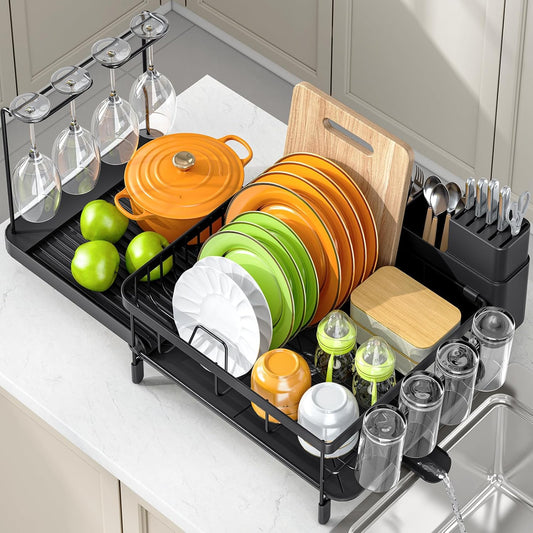 Dish Drying Rack for Kitchen Counter, Expandable Large Capacity Dish Rack with Drainboard, Wine Glasses Holder, Space Saving Organizer, Black