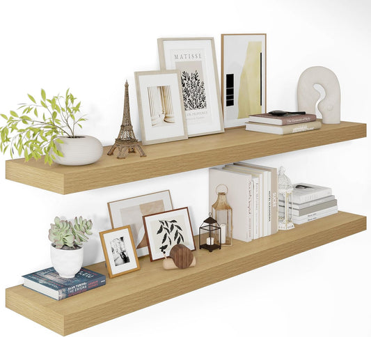 12 Inch Deep Floating Shelves 48 inch Long, 48 x 12 Wide Wall Shelves with Invisible Brackets, Heavy Duty Shelf for Bedroom Bathroom Living Room Kitchen Office Home Decor, Modern Shelf Set of 2, Oak