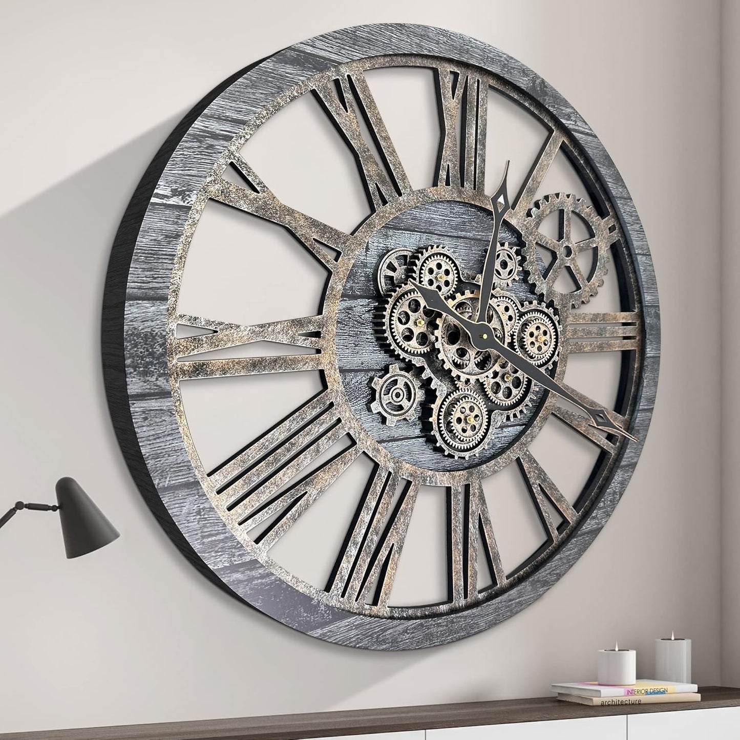 HOIBAI Large Wall Clock, Wall Clocks for Living Room Decor 36 Inch Farmhouse Vintage Rustic Kitchen Wall Decor Vintage Roman Oversized Wall Clock for Home Bedroom House, Moving Gears Clock
