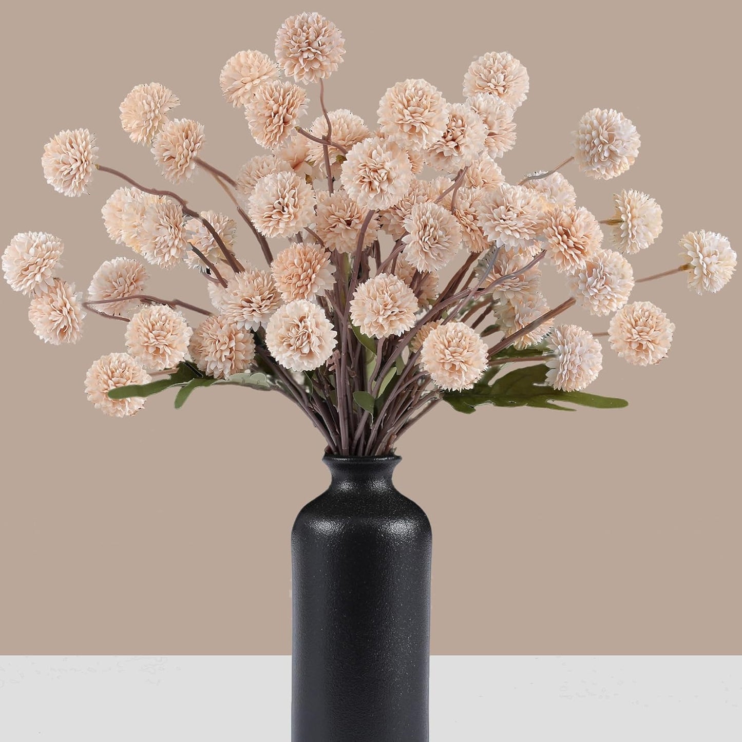 Faux Beige Kiku Flowers 10 Stems & 2 Eucalyptus, Fake Mums Pompon Flower Ball, Autumn Artificial Chrysanthemums Flowers for Boho Bedroom Decor, Silk Mini Faux Kiku Flower Wedding Arrangements Decor