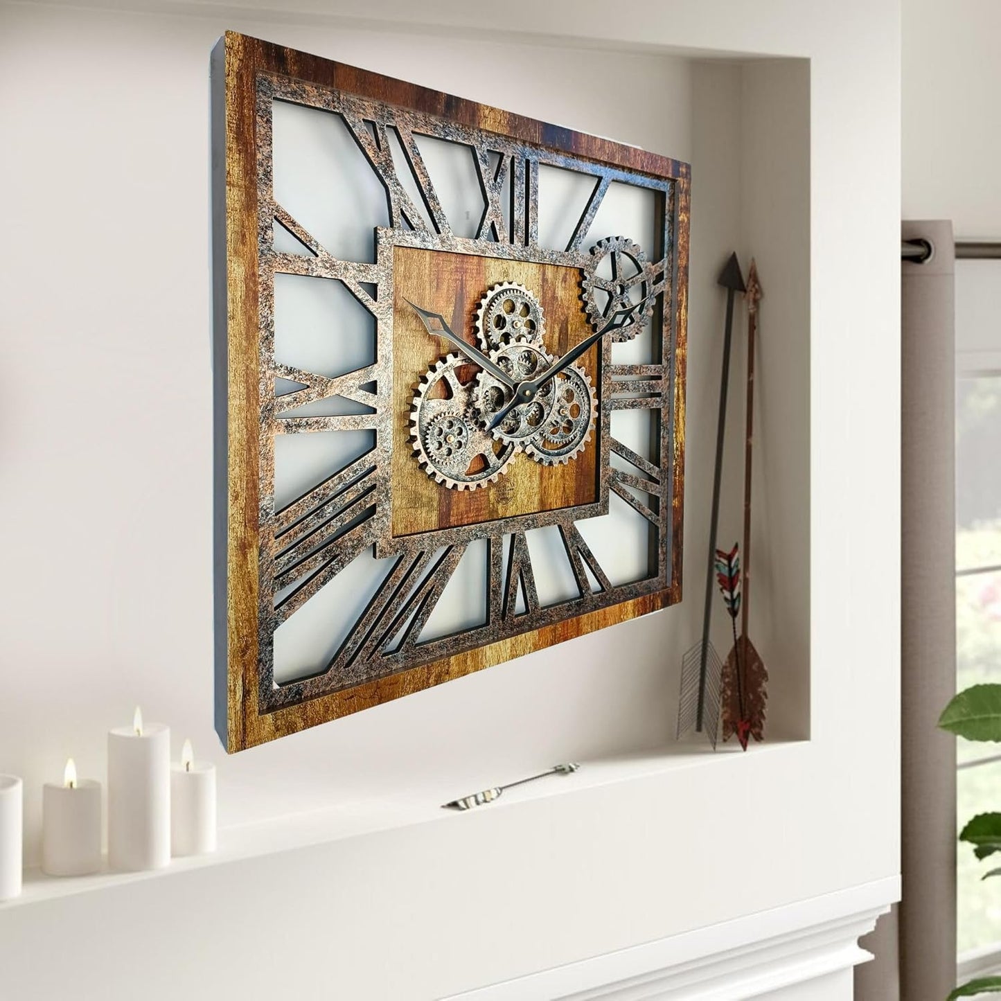 The Gears Clock 24'' Inch Square Real Moving Gear Wall Clock Vintage Industrial Oversized Rustic Farmhouse (Vintage Brown)