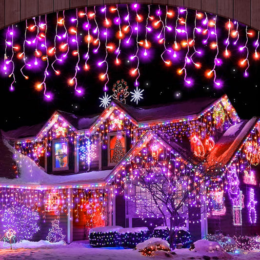 Halloween Icicle Lights Outdoor, 512 LED 46.5 FT 8 Lighting Modes with Timer & Memory, Curtain Fairy String Lights With 96 Drops for Halloween Decorations Holiday Party Eaves Yard (Purple & Orange)