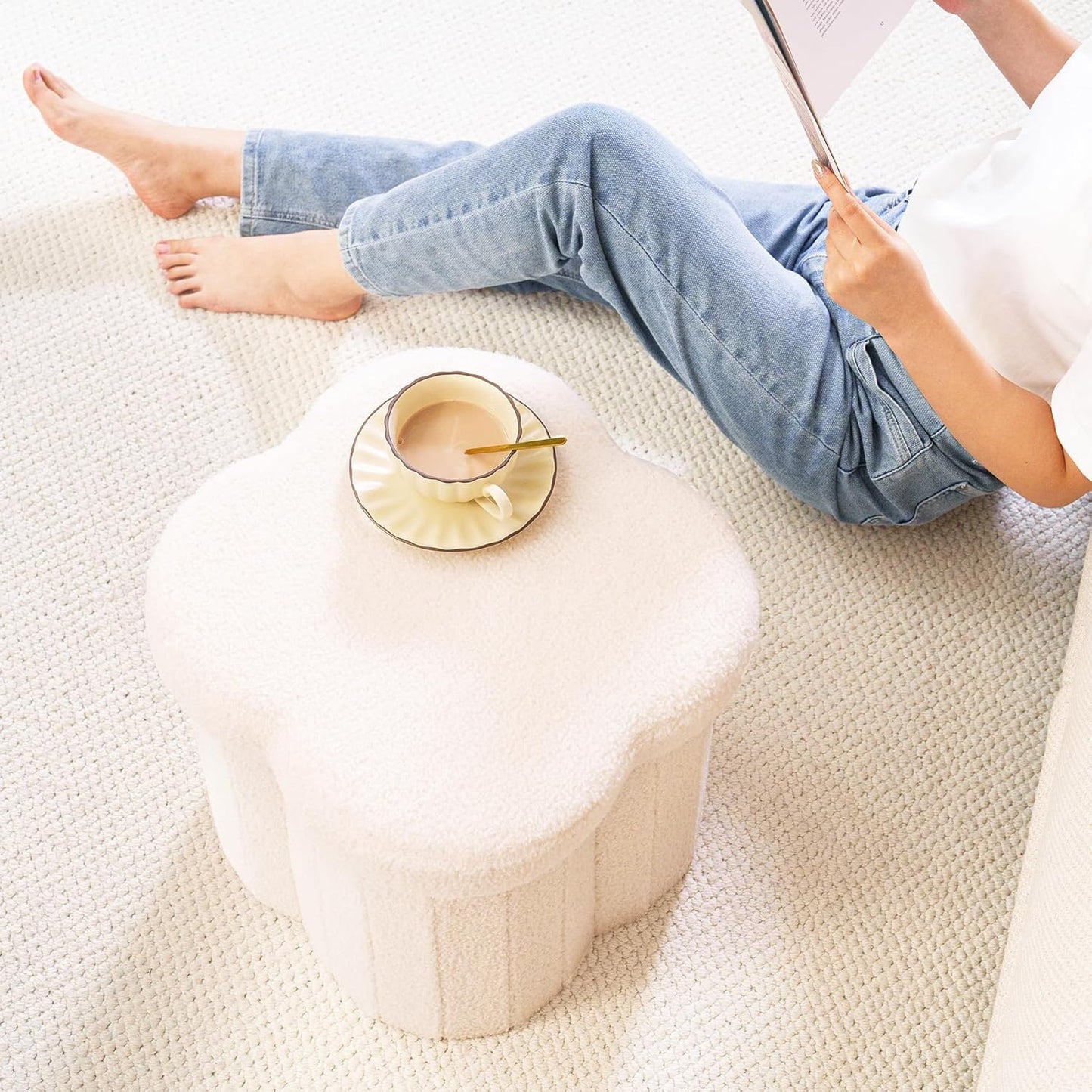 B FSOBEIIALEO Storage Ottoman Cube, Flowers Shaped Ottomans with Storage Foot Stool Footrest, Boucle Ottoman Seat for Dorm Room, Faux Teddy Fur, Cream White 15"x15"x15"