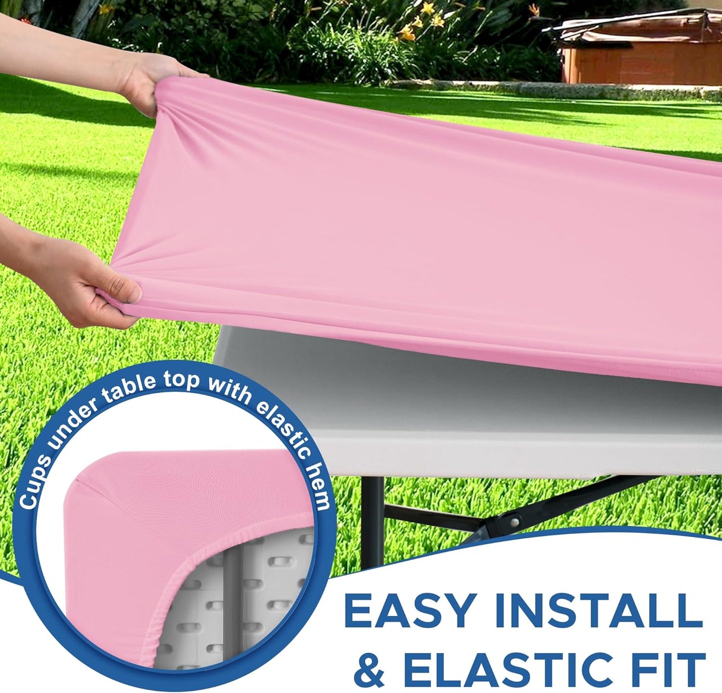 Fitted Tablecloth for 6 Foot Rectangle Tables-4 Pack Pink Elastic Outdoor Picnic Table Cover-Spandex Stretch Folding Table Cloths 6 ft for Camping Dining Room Patio Kitchen Banquet Party