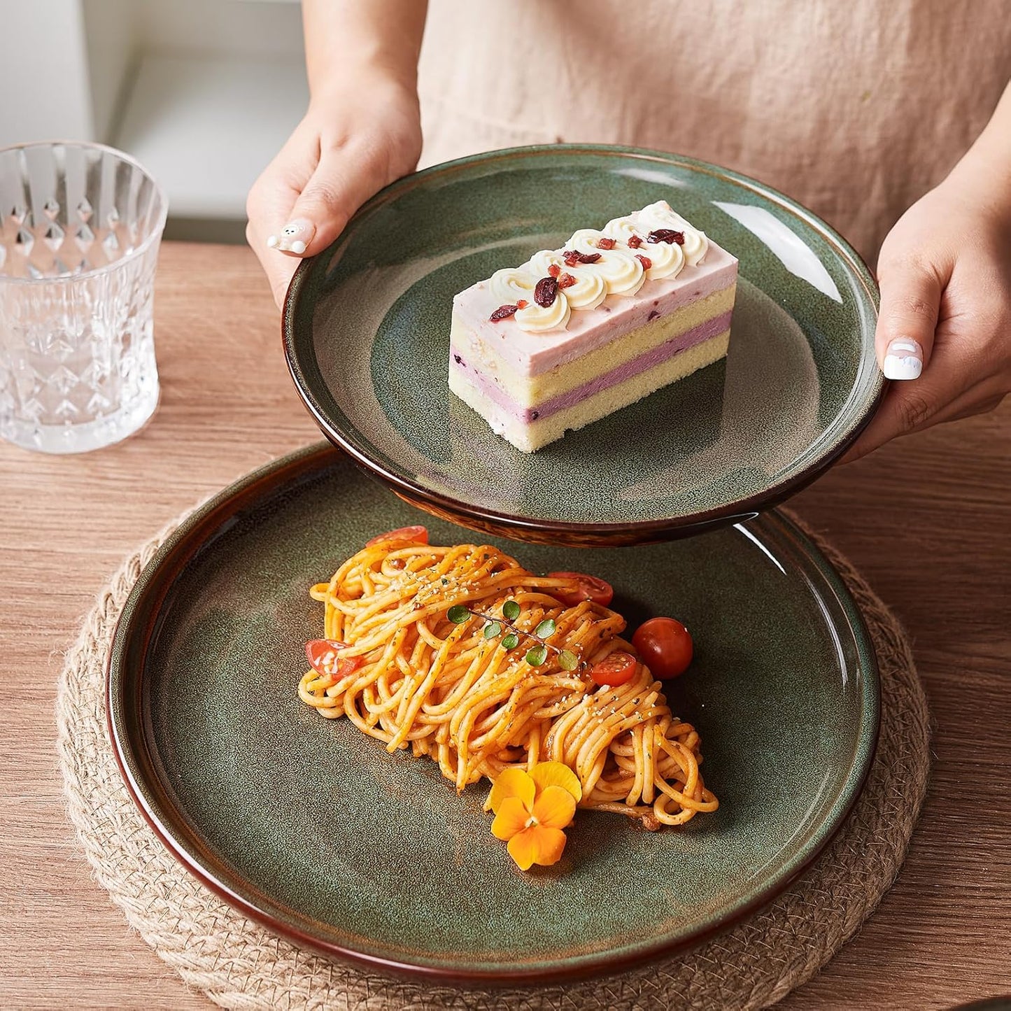 16 Piece Double Bowl Dinnerware Sets with Pasta Bowls, Highly Chip and Crack Resistant Plates and Bowls Sets, Natural Earthyware Ceramic Dishware Sets, Service for 4 Sage Green