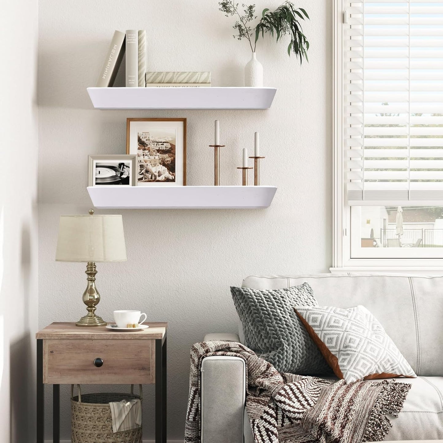 16"x6.8"x1.6" Slanted Floating Wall Shelves 2-Pack - Rustic White Finish, Heavy-Duty Solid Wood Design with Hidden Brackets - Perfect for Living Room, Kitchen, Bathroom, or Office