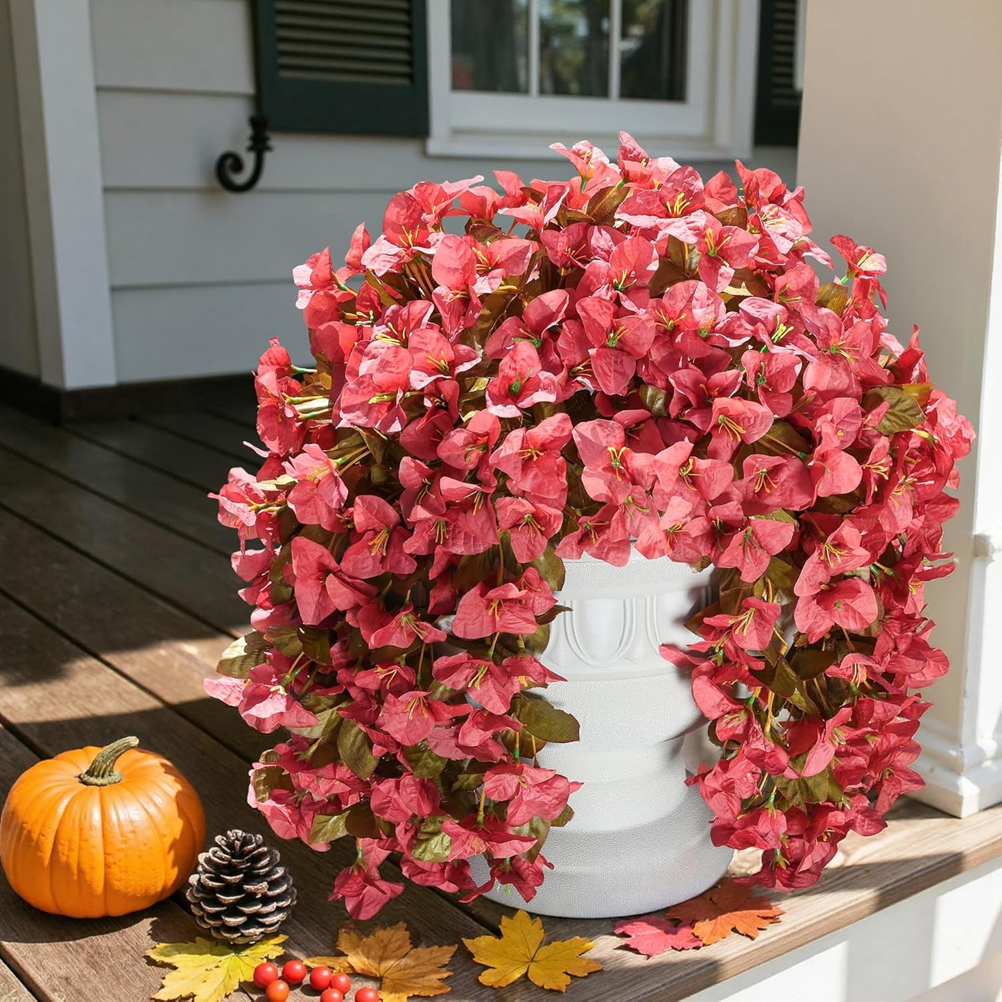 Bougainvillea Artificial Flowers Plants for Outdoors Outside Fall Autumn Decoration, 2 pcs Faux Silk Long Trailing Vines UV Resistant Look Real Red Fake Flowers for Front Door Porch Planter Urn Patio