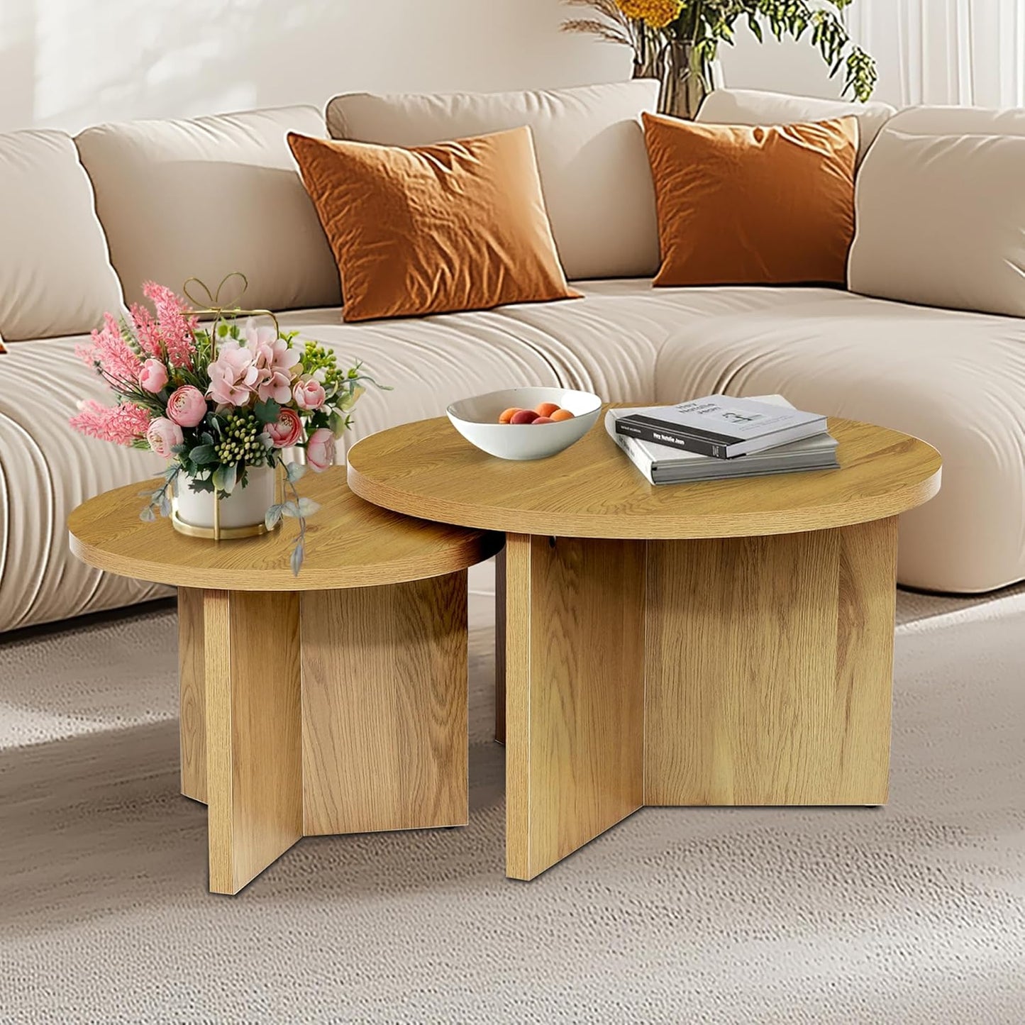 Round Nesting Coffee Tables Set of 2, Modern Stacking Table with Wood Grain Finish, End Table Side Tables for Living Room (Natural Oak)