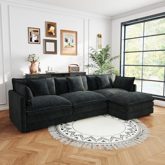 Sectional Sofa 3 Seater with Movable 1 Ottoman,Oversized Modular Couch Deep Seat (Black, 111.5 inch-L)
