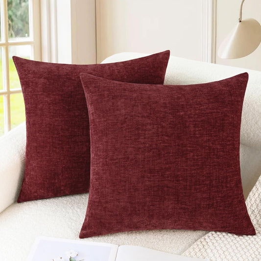 CaliTime Throw Pillow Covers Decorative 22 X 22 Inches Pack of 2 Cozy Chenille Cushion Cases for Couch Sofa Bed Living Room Home Burgundy