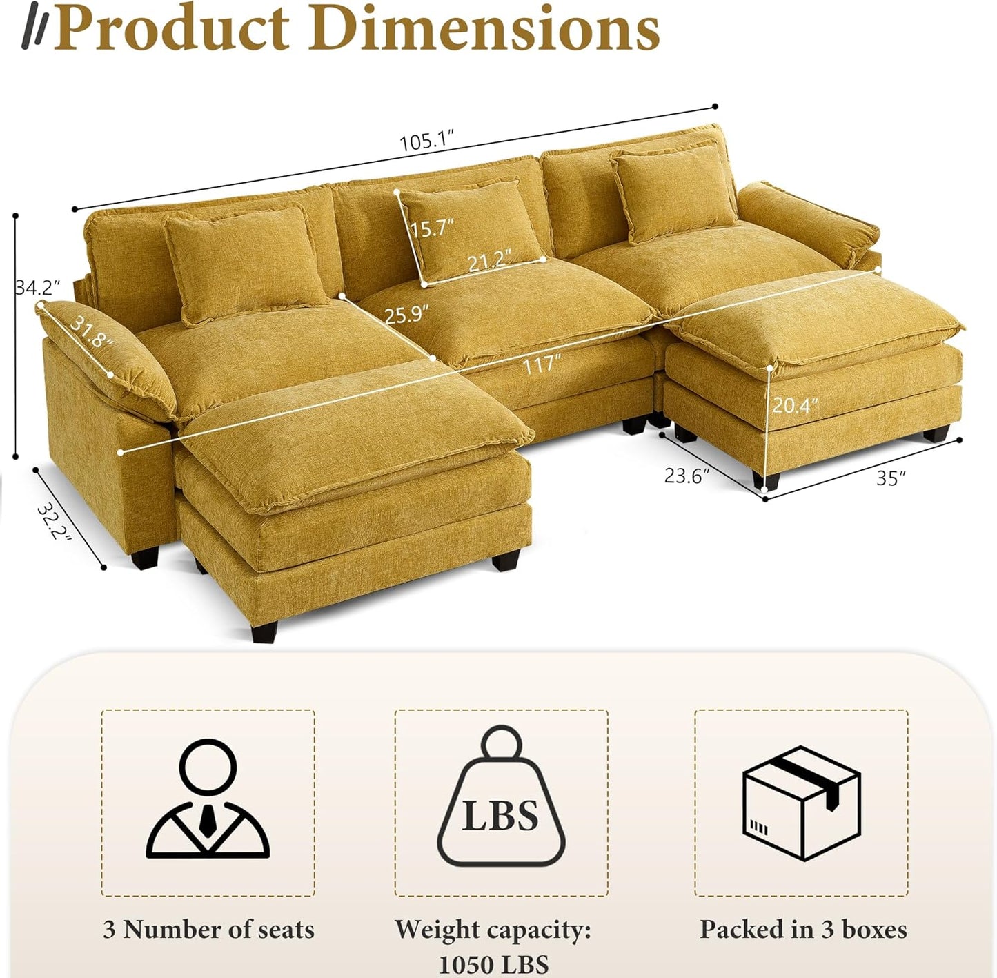 URRED Modular Sectional Sofa Comfy Cloud Couch, Modern Chenille Sofa Sleeper Deep Seat Couches with Ottoman/Pillows for Living Room (Yellow, 117'' - U Shape)