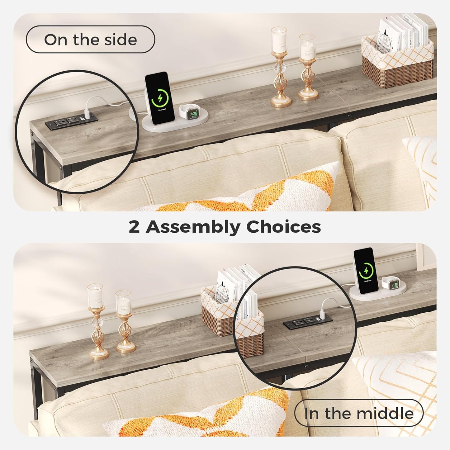 SUPERJARE 70 Inch Console Table with Outlet, Narrow Entryway Table for Living Room, Oak