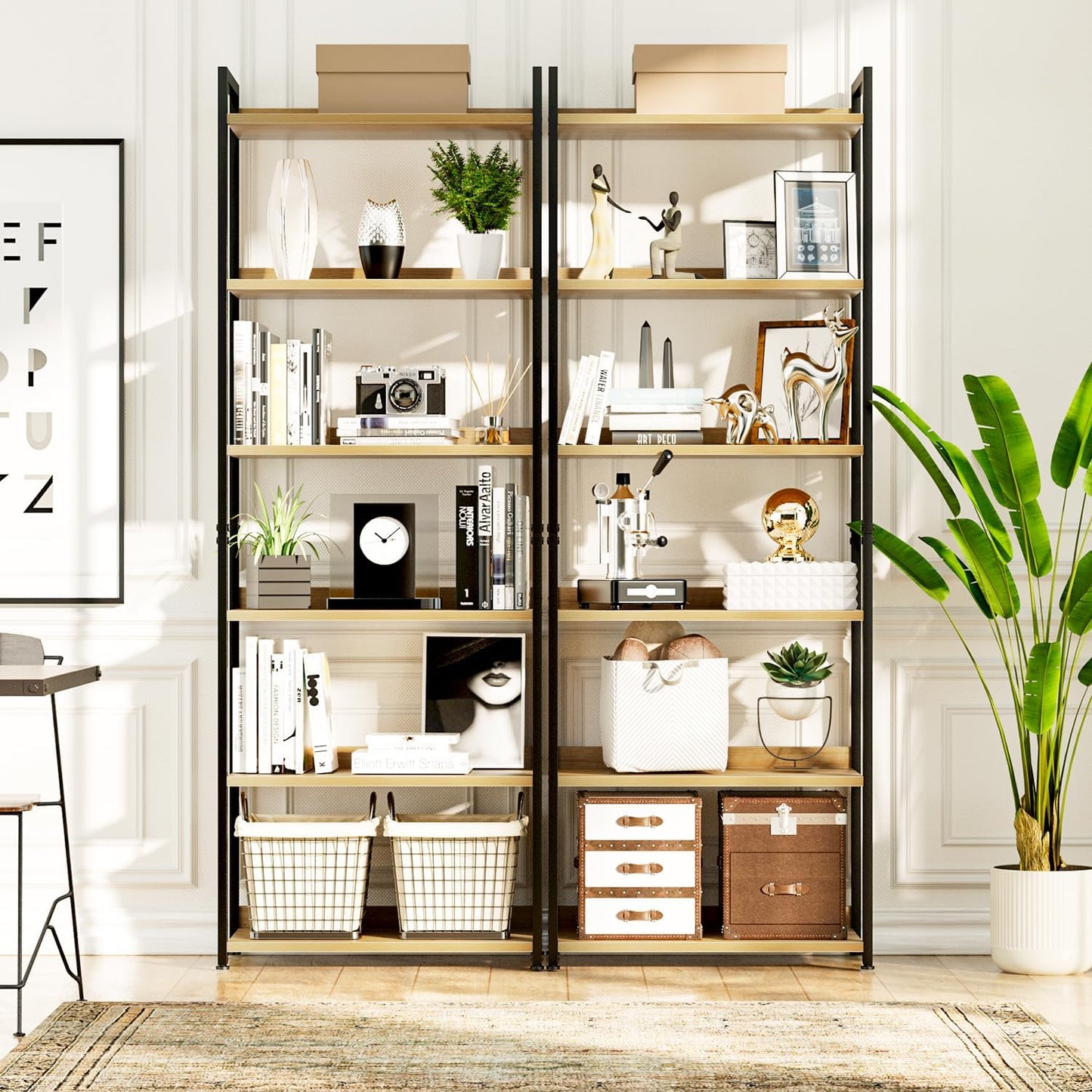 NUMENN Bookshelf, 6 Tier Bookshelves, Home Office Bookcase Shelf Storage Organizer, Free Standing Storage Shelving Unit for Bedroom, Living Room and Home Office, Natural