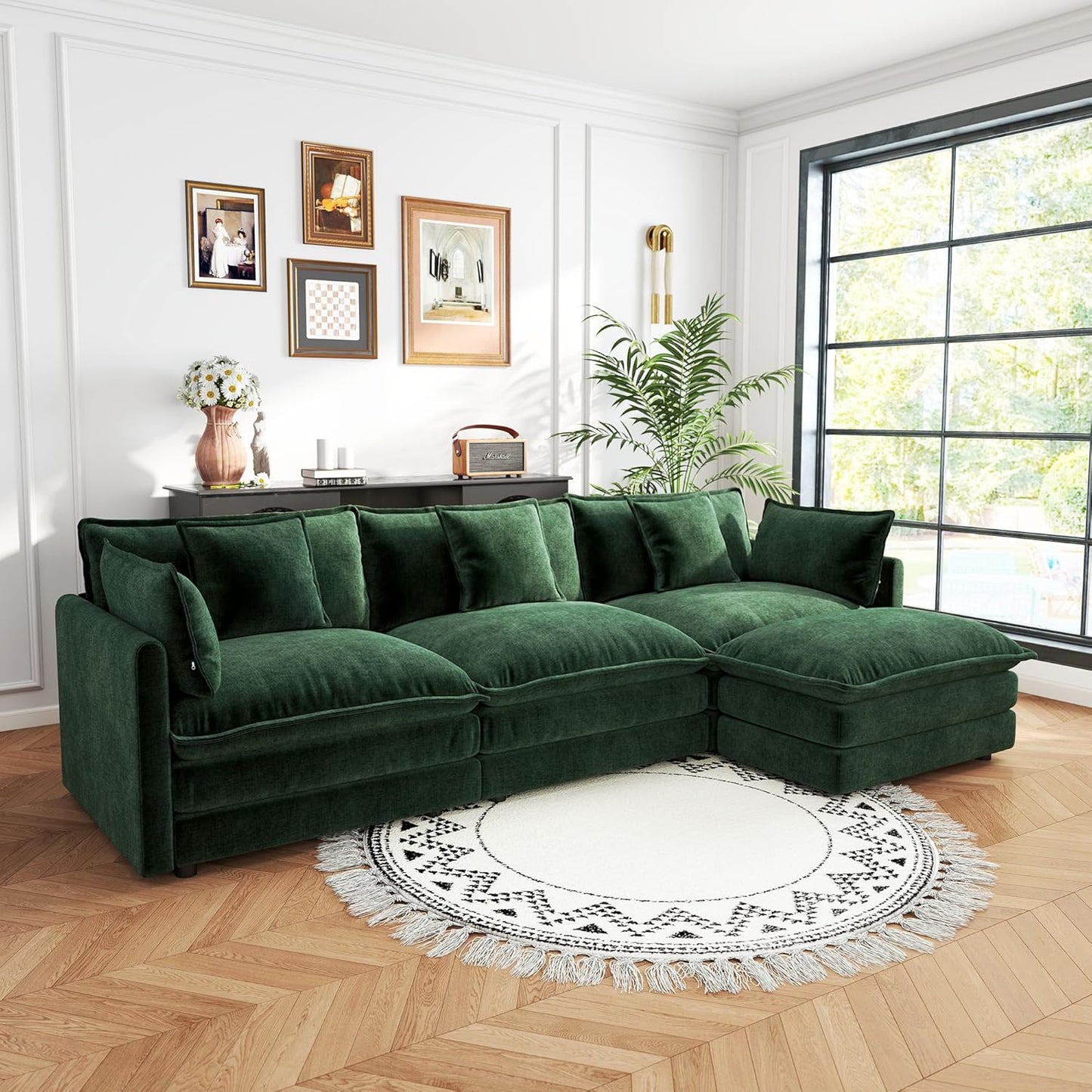 Sectional Sofa 3 Seater with Movable 1 Ottoman,Oversized Modular Couch Deep Seat (Green, 111.5 inch-L)