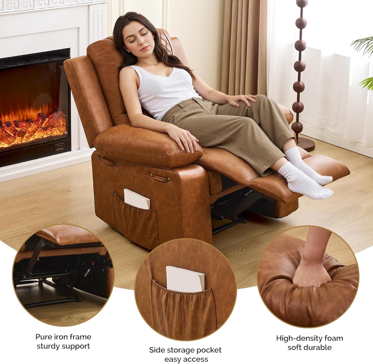 Recliner Chair with Electric Massage Adjustable Footrest & Heat, Manual Leather Recline for Adults Living Room Remote Control (Chestnut Brown)