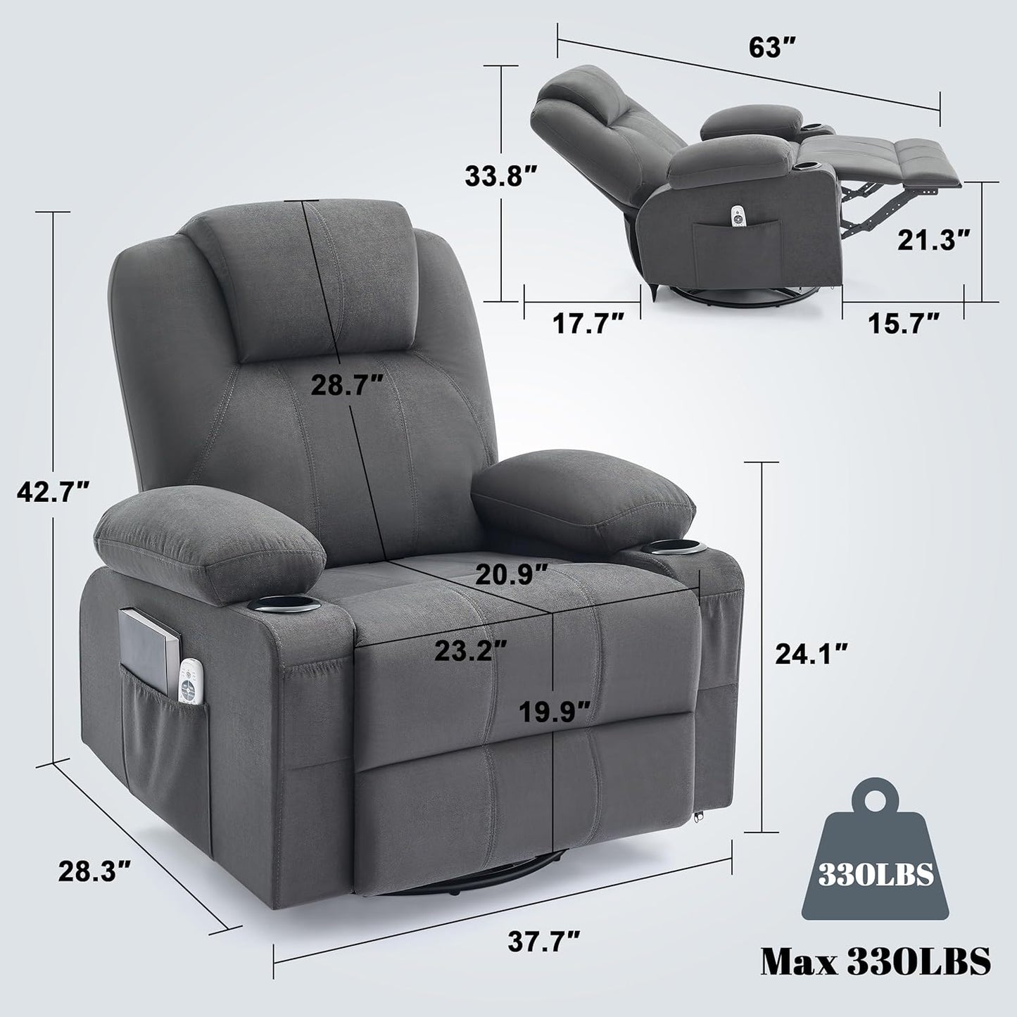 Oversized Swivel Rocker Recliner Chair with Heat and Massage, 360 Degree Swivel Rocking Single Sofa with Cup Holders and USB Port, Big Large Recliner Chair for Living Room (Fabric, Darkgrey)