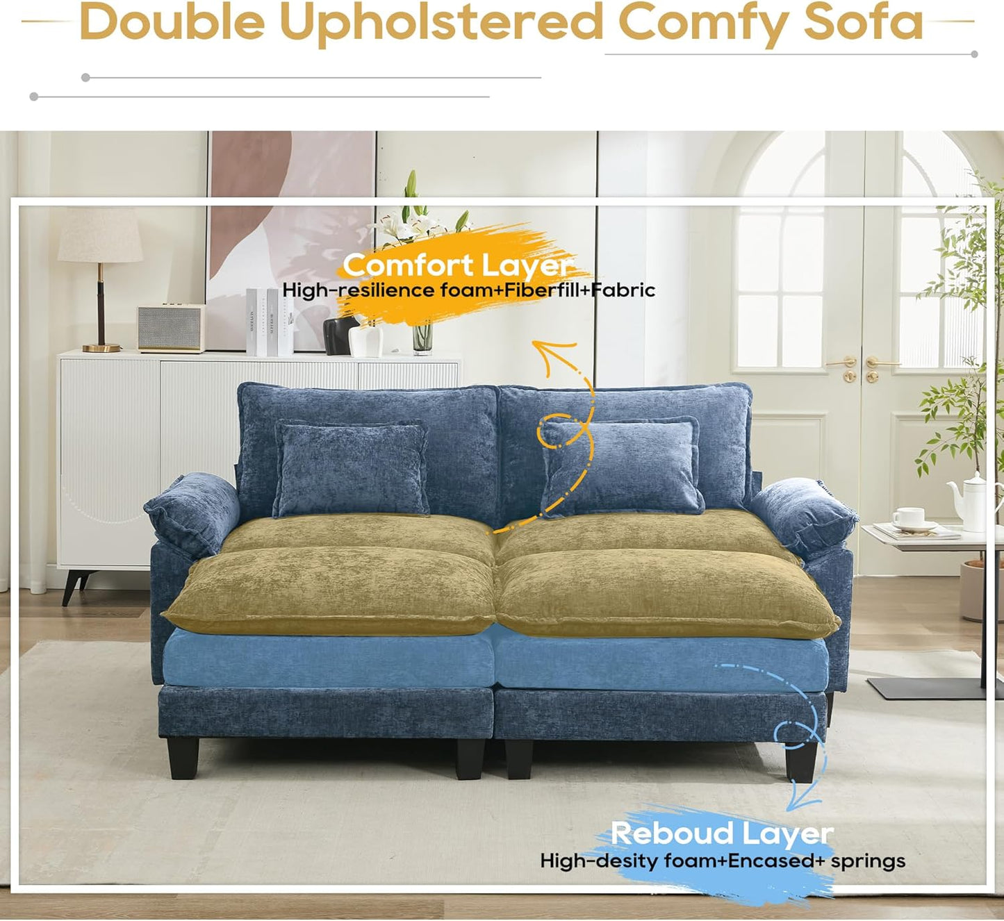 URRED Modular Sectional Sofa Comfy Cloud Couch, Modern Chenille Sofa Sleeper Deep Seat Couches with Ottoman/Pillows for Living Room (Blue, 82.6''- 2 Ottomans)