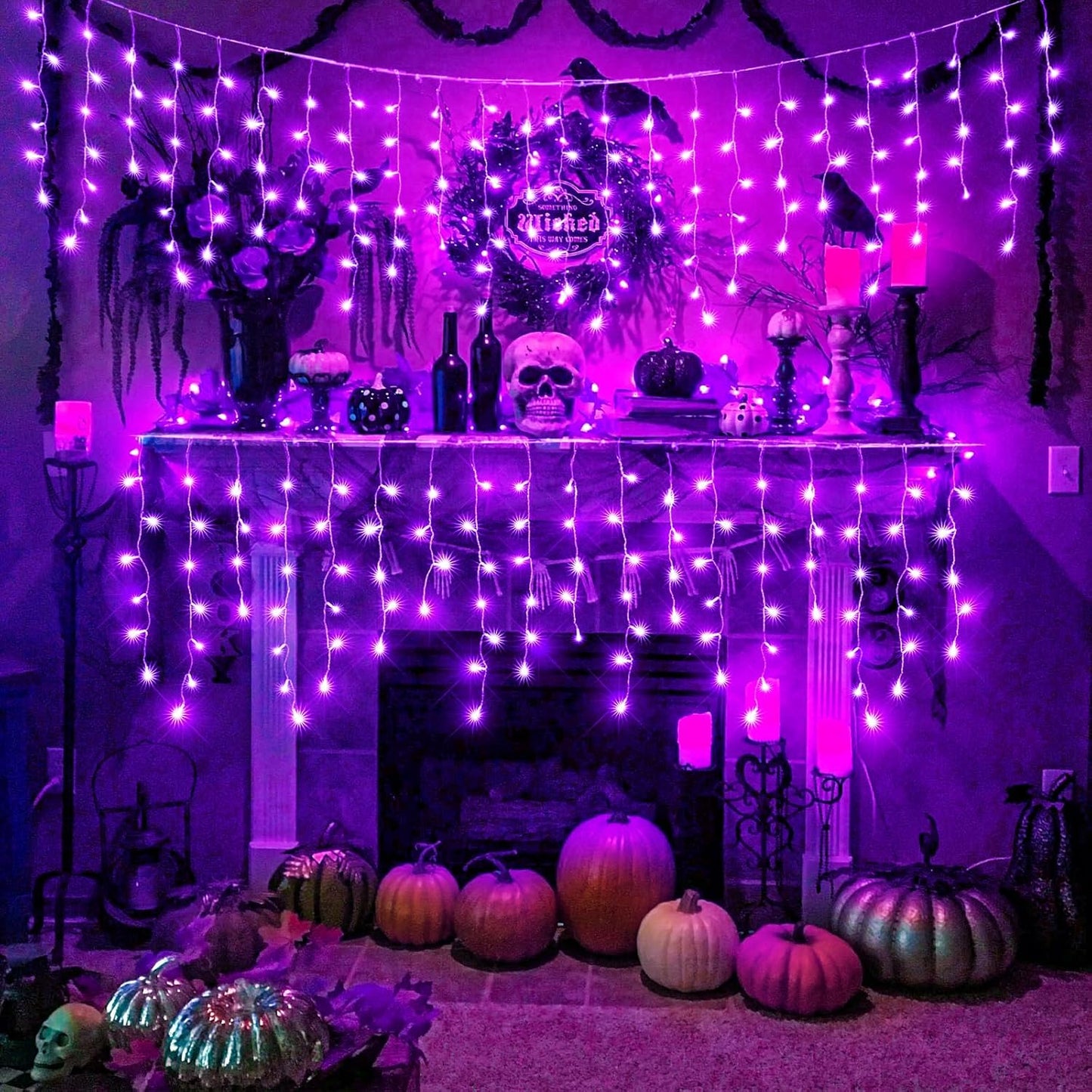 Halloween Lights Outdoor, 33FT 400 LED Purple Icicle Lights for Outside with Waterproof 8 Modes, Plug in Connectable Curtain Twinkle Light for Indoor Bedroom Patio Yard Party Holiday Decorations