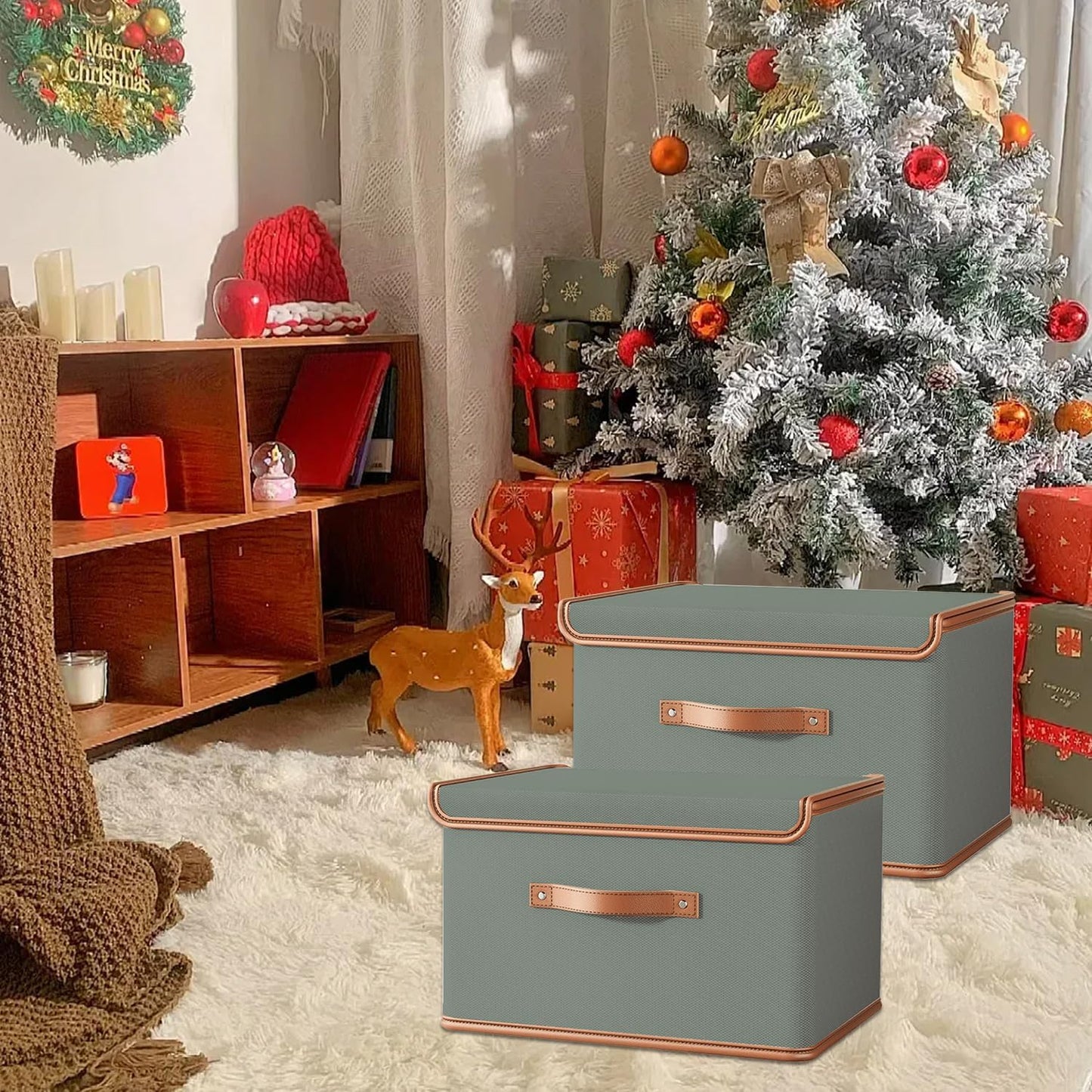 Tuza 2 Pack Storage Bins with Lids, Collapsible Closet Organizer Container, Fabric Organizer Box with Handles, Decorative Storage Boxes with Lids for Organizing Clothes, Blanket, Grey, Extra Large