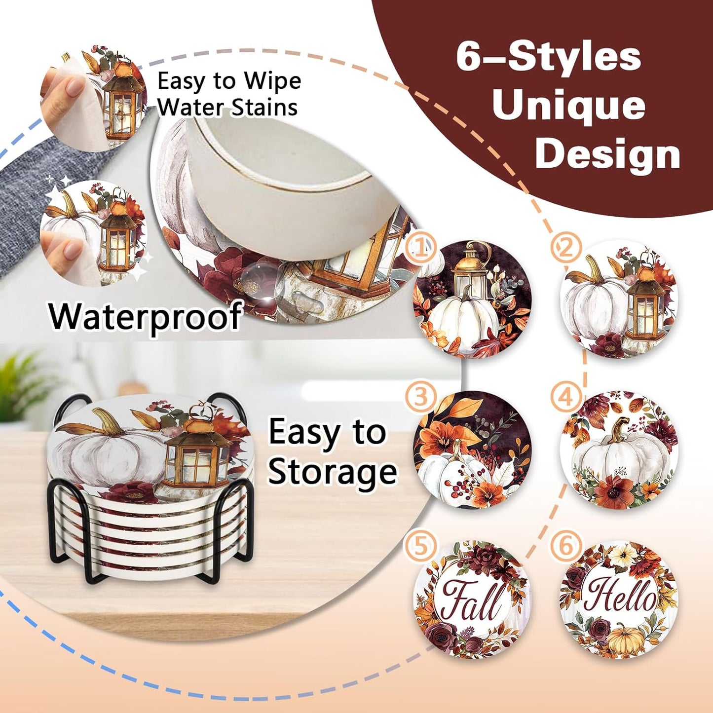 Hello Fall Drink Coasters with Holder Set of 6, Autumn White Pumpkin Floral Absorbent Ceramic Cup Mat for Coffee Table Protection, 4 Inches Vintage Flower Home Kitchen Decor Housewarming Gifts