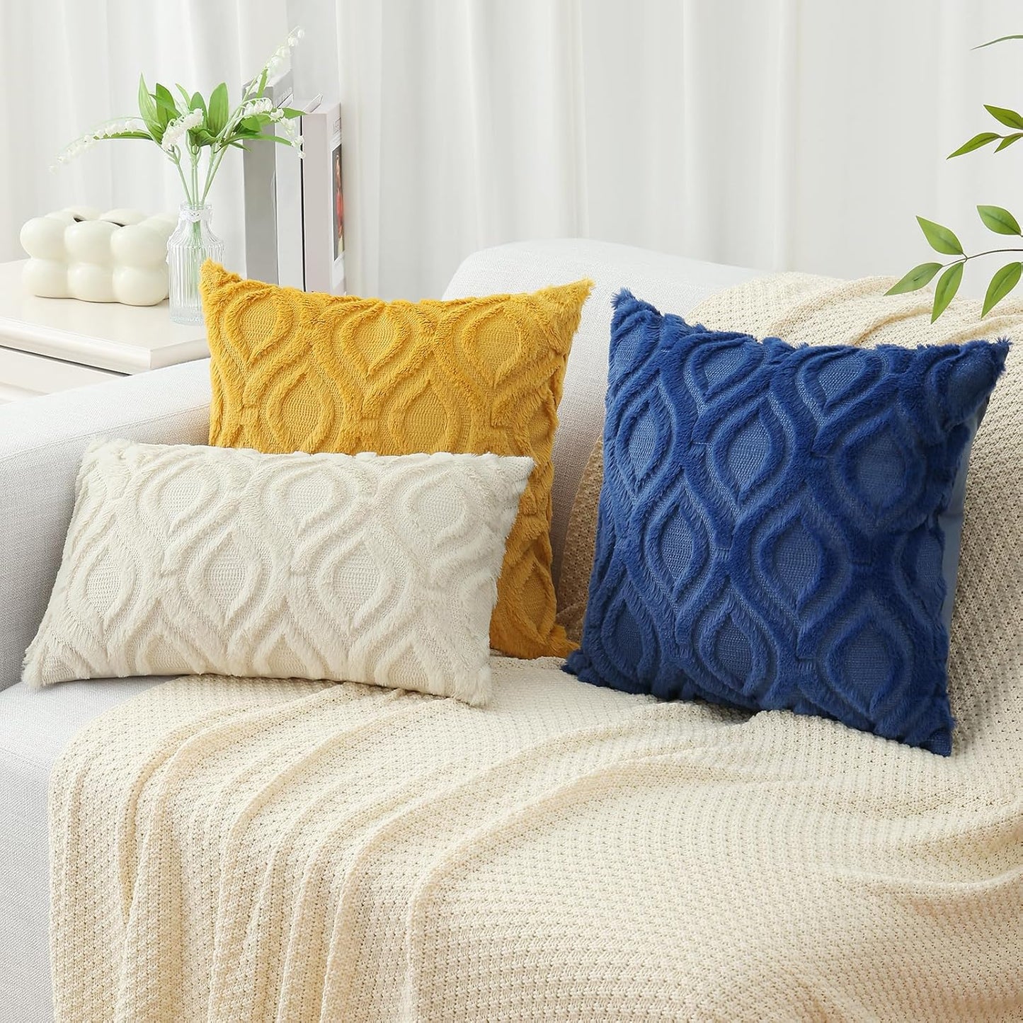 decorUhome Fall Throw Pillow Covers 12x20 Inch Set of 2, Soft Plush Decorative Faux Fur Dark Blue Solid Couch Pillow Covers, Accent Farmhouse Neutral Lumbar Euro Pillow Cases for Sofa Bed Living Room