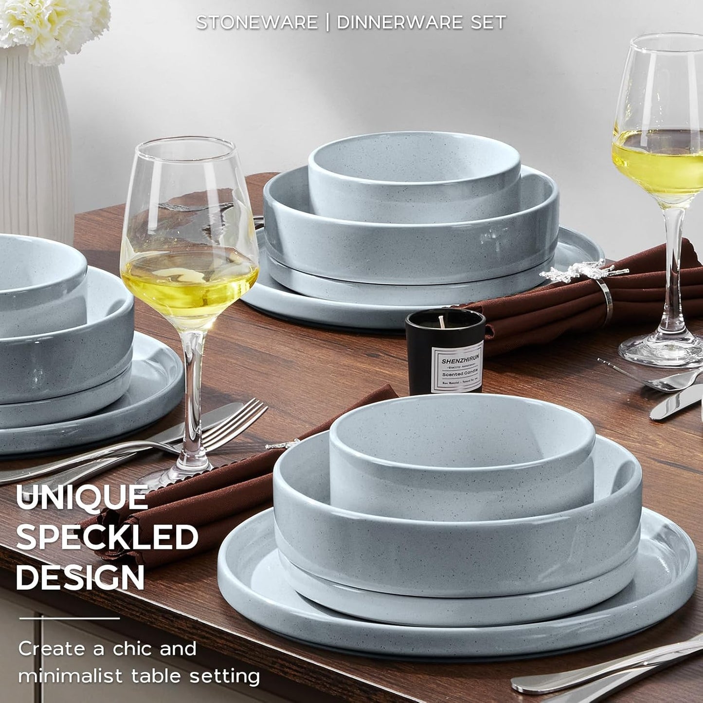 Onader Plates and Bowls Sets, 16 Pieces Stoneware Dinnerware for 4, Kitchen Dinner Dish Set with Pasta Bowl, Ceramic Dishware Dining Ware, Microwave & Dishwasher Safe - Slate Gray