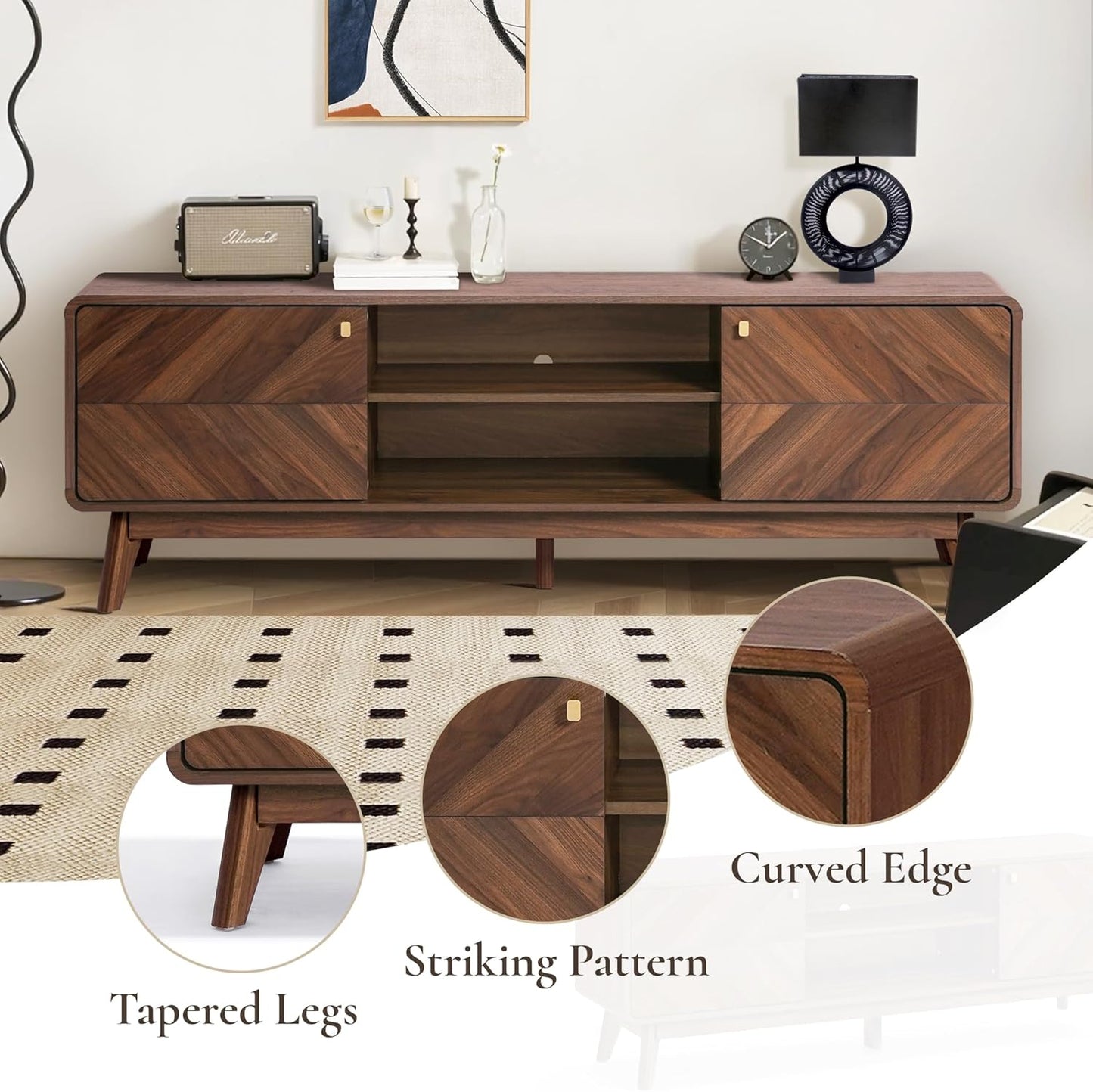 LuxenHome Mid Century Modern TV Stand, 63" TV Stands for Living Room for TVs up to 65", Entertainment Center with Storage, Wood TV Console with Tapered Legs, Television Stands