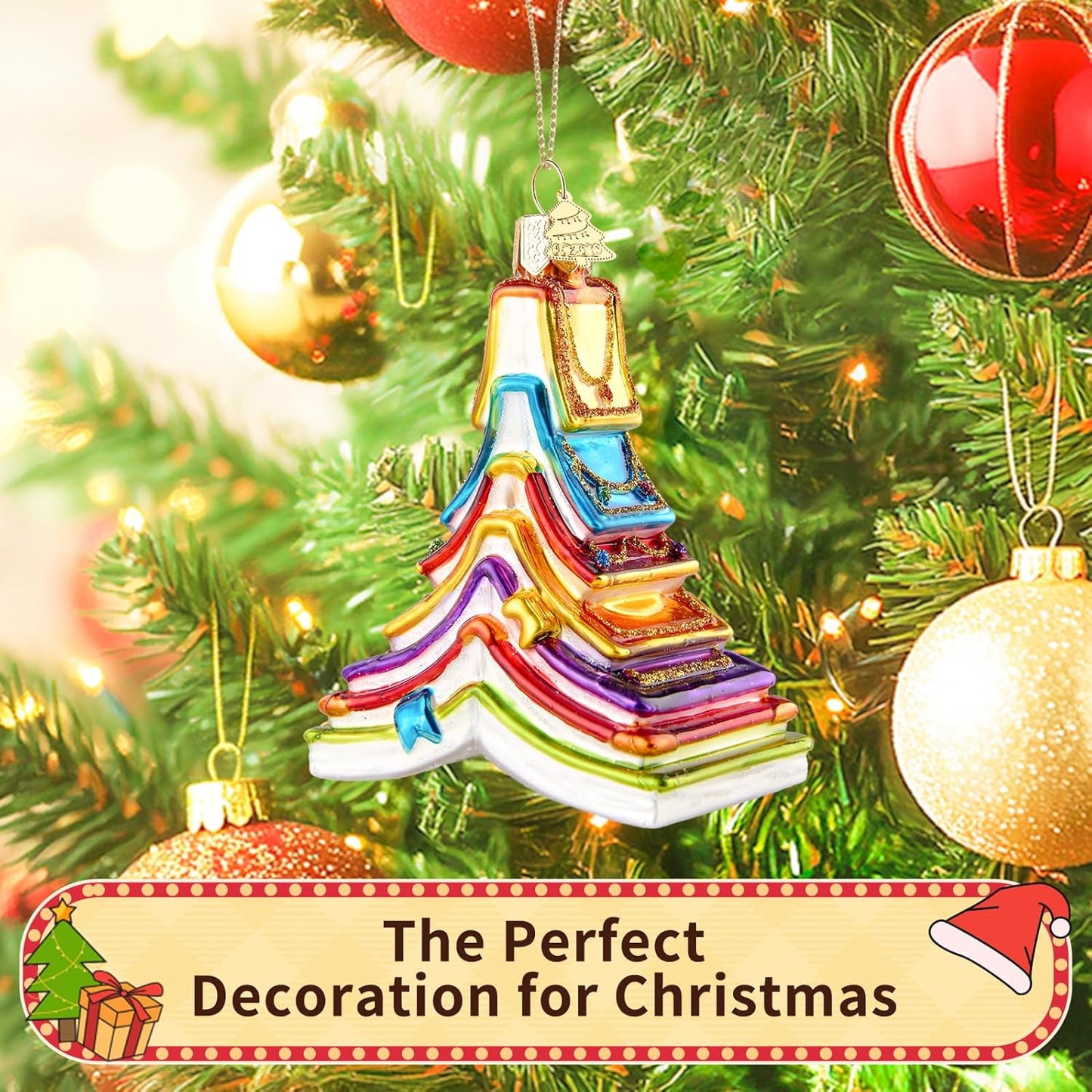 Book Christmas Tree Ornaments,Hand-Blown Glass Ornaments,Colorful Book Tree Shape Watcher Collection Figurines Hanging Ornament,Christmas Decorations for Reading Lovers Holiday Party Home Gift