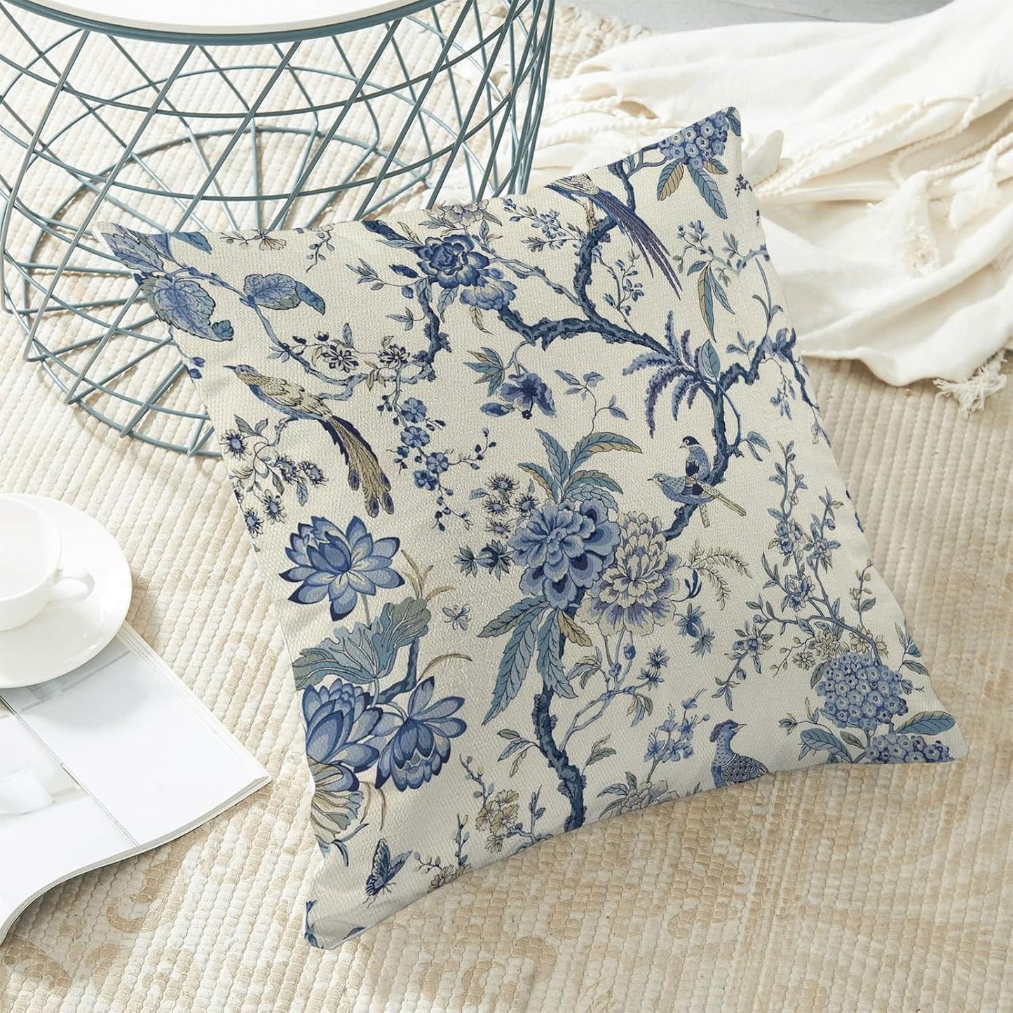 CXMEIFLY Spring Floral Birds Pillow Covers 22 x 22 Inch Set of 2 for Chinoiserie Flowers Decor Throw Pillows Blue and White Plant Outdoor Decorative Cushion Cases for Couch Bed Decorations