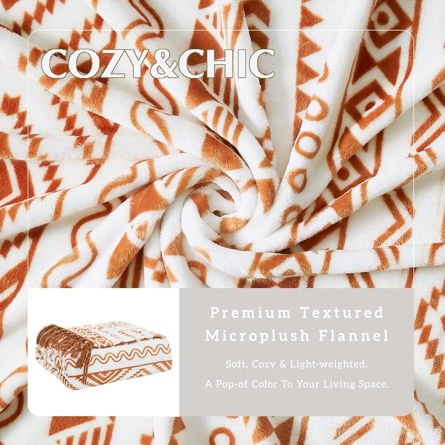 CASAAGUSTO Boho Throw Blanket - Terrcotta Decorative Blankets with Tassel, Printed Flannel Bohemian Blanket for Chair, Bed, Sofa, Couch(50 * 60, Terrcotta)