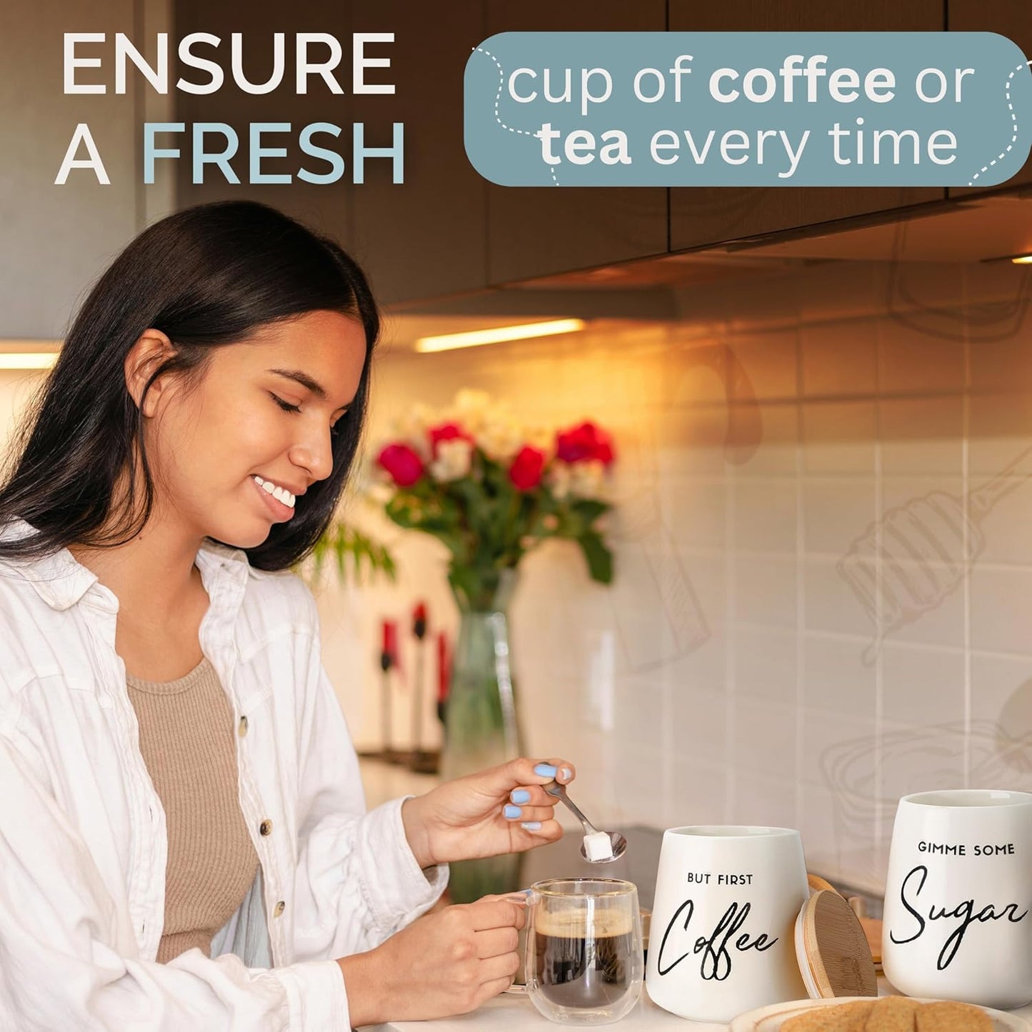 Coffee Tea and Sugar Ceramic Canister Set - 3-Piece Airtight Kitchen Canisters for Countertop - Coffee Bar Container Set