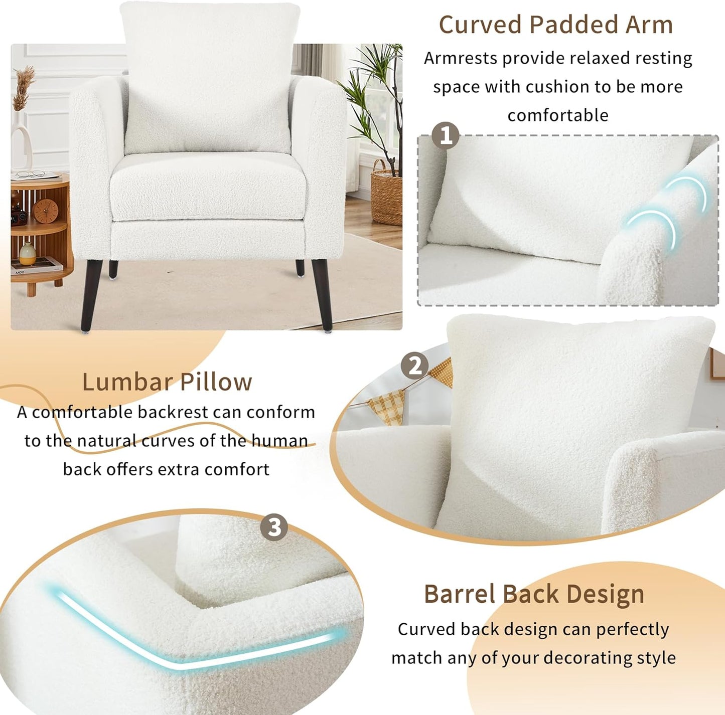 Barrel Accent Chair with Back Pillow, Large Teddy Upholstered Armchair with Solid Wood Legs Modern Reading Chairs for Living Room Bedroom