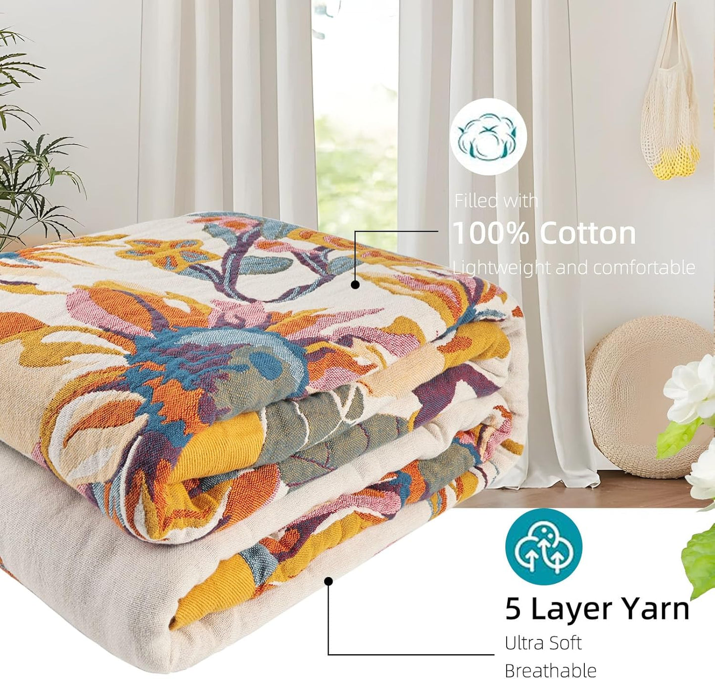 Boho Throw Blanket for Bed - 100% Pure Cotton Ultra Soft Rustic Quilt - Farmhouse Decor Bed Blankets, All Season Rustic Throw for Sofa Couch Chair(80''x 90'', Floral)