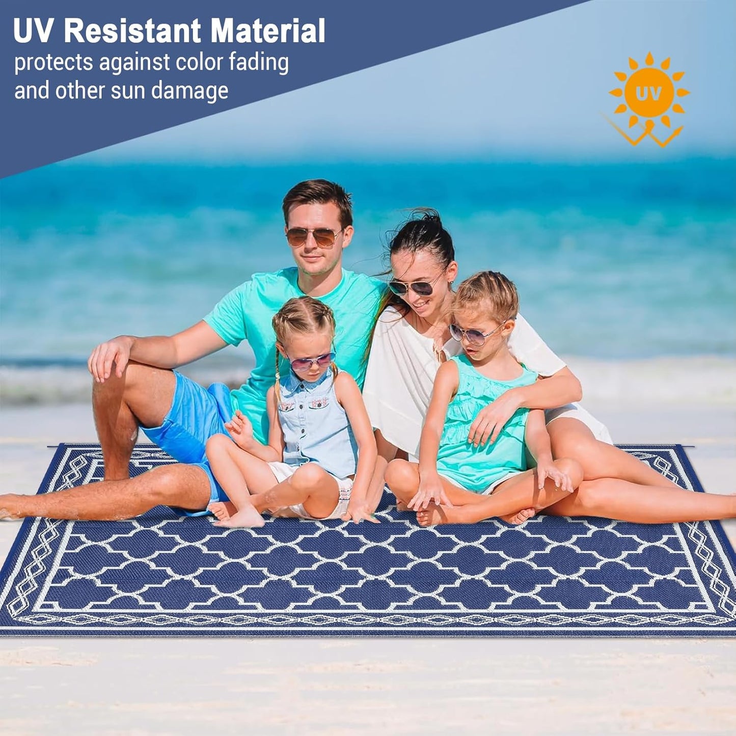 GAOMON Outdoor Plastic Straw Rug, 10'x14' Reversible Sage Green Patio Mat, Flower Modern Design for RV, Backyard, Deck, Camping, Picnic, Navy/White(Geometric)