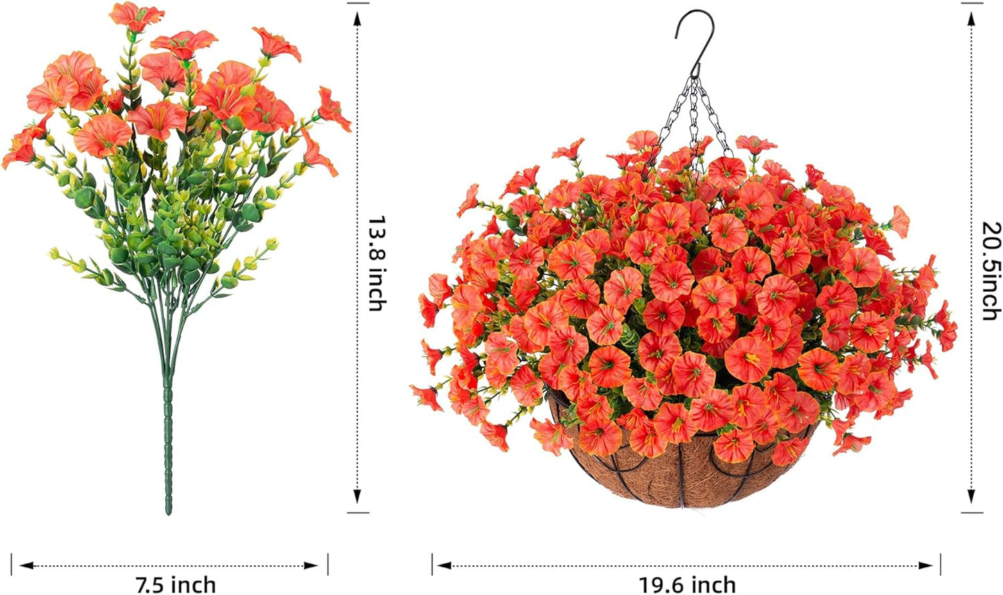 Artificial Fall Flowers Fake Hanging Plants Flowers Basket for Outdoors Autumn Decoration, Orange Silk Morning Glory with Eucalyptus Look Real UV Resistant Faux Flowers for Outside Porch Patio Balcony