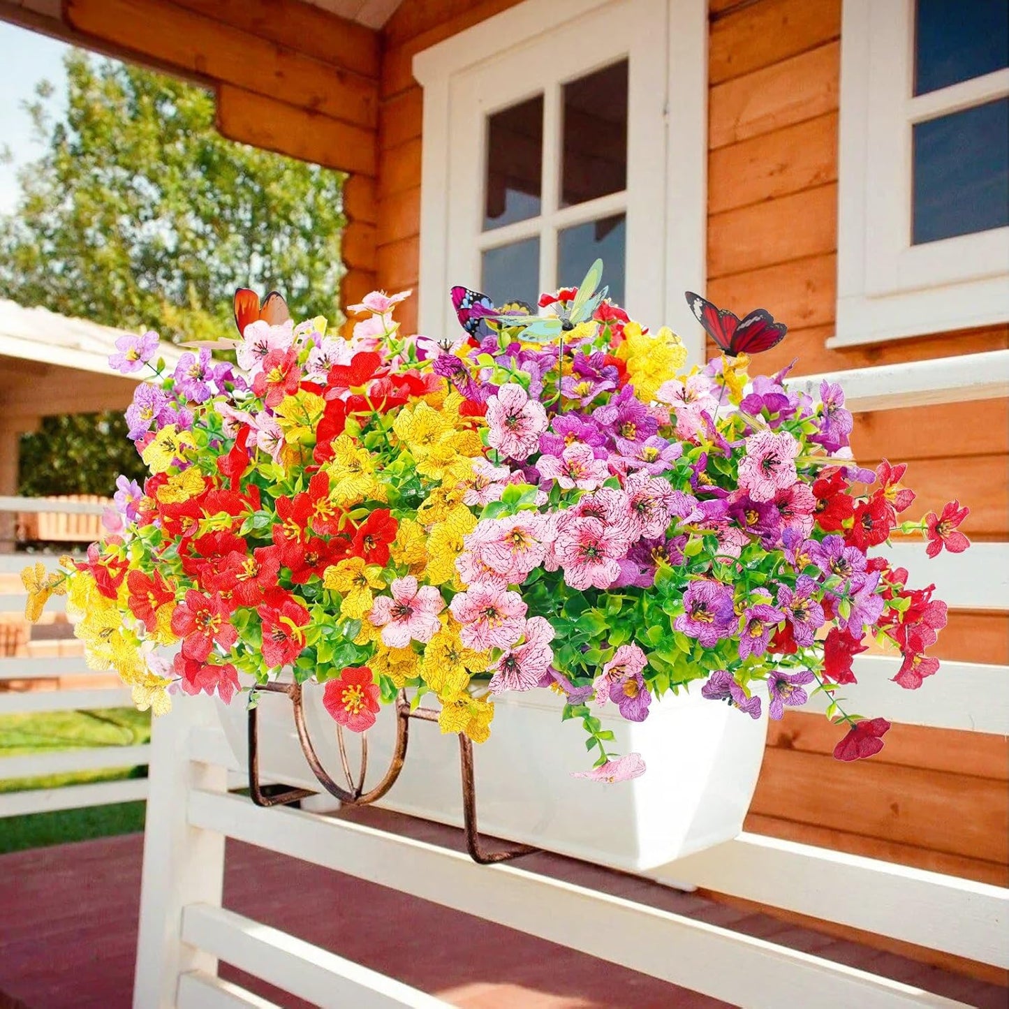 ‌20 Bundles Artificial Flowers for Outdoors‌ with 6 Faux Butterflies, UV Resistant ‌Fake Flowers‌ with Eucalyptus Leaves, ‌Artificial Plants Outdoor‌ for Patio Garden Porch Home Decor (Mix 4 Colors)