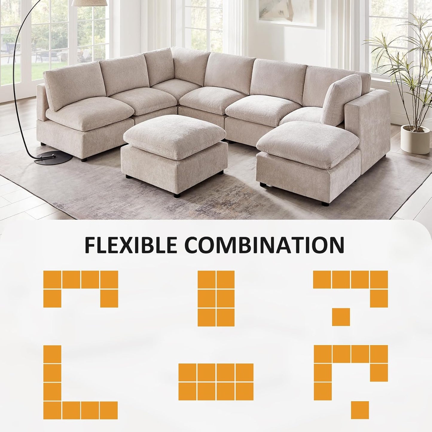 Modular Sectional Sofa, Convertible Couch Modular Sofa Without Ottoman, Sectional Sofas for Living Room Small Apartments