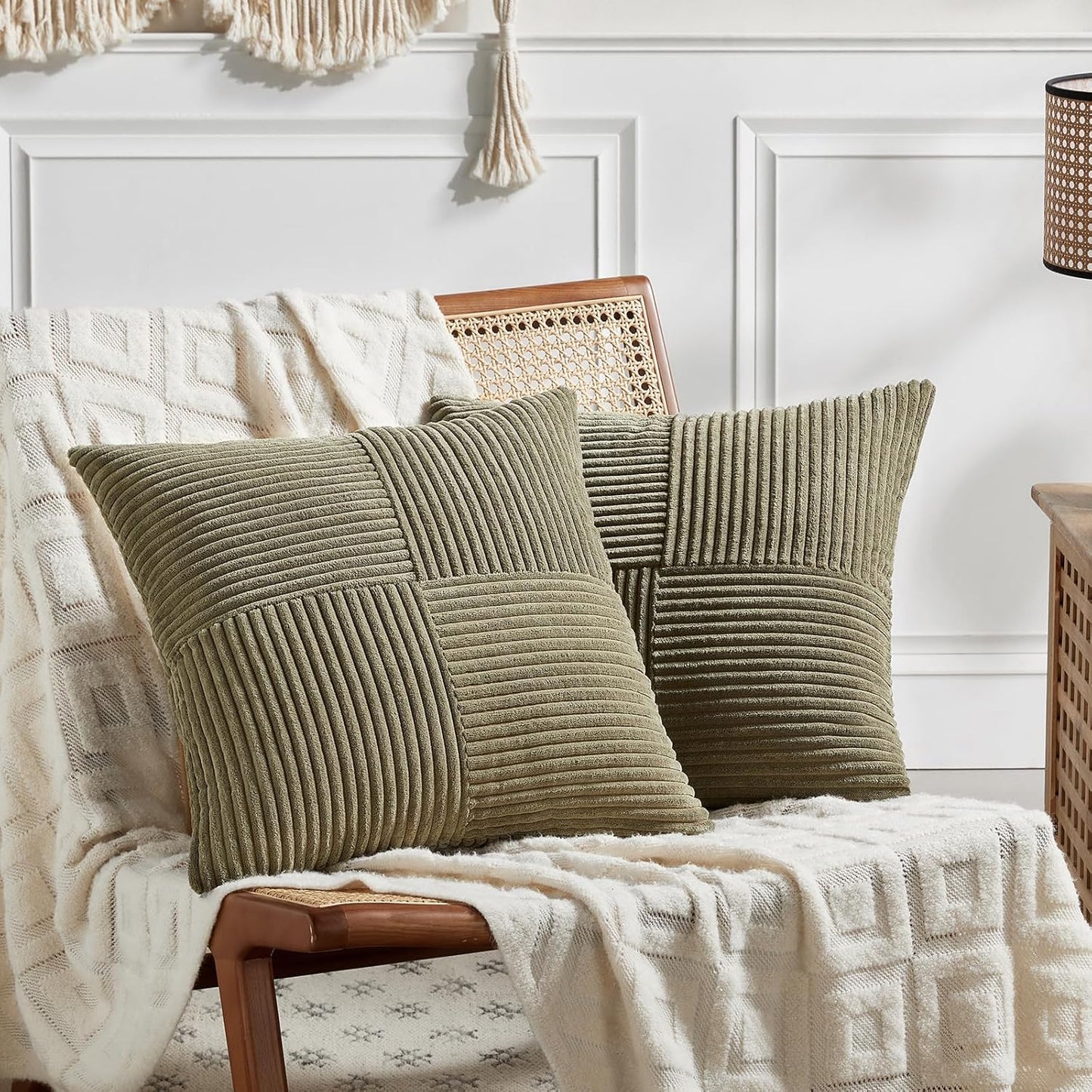 Fancy Homi 2 Packs Olive Green Decorative Throw Pillow Covers 22x22 Inch for Living Room Couch Bed Sofa, Rustic Farmhouse Boho Home Decor, Soft Corss Corduroy Patchwork Accent Cushion Case 55x55 cm