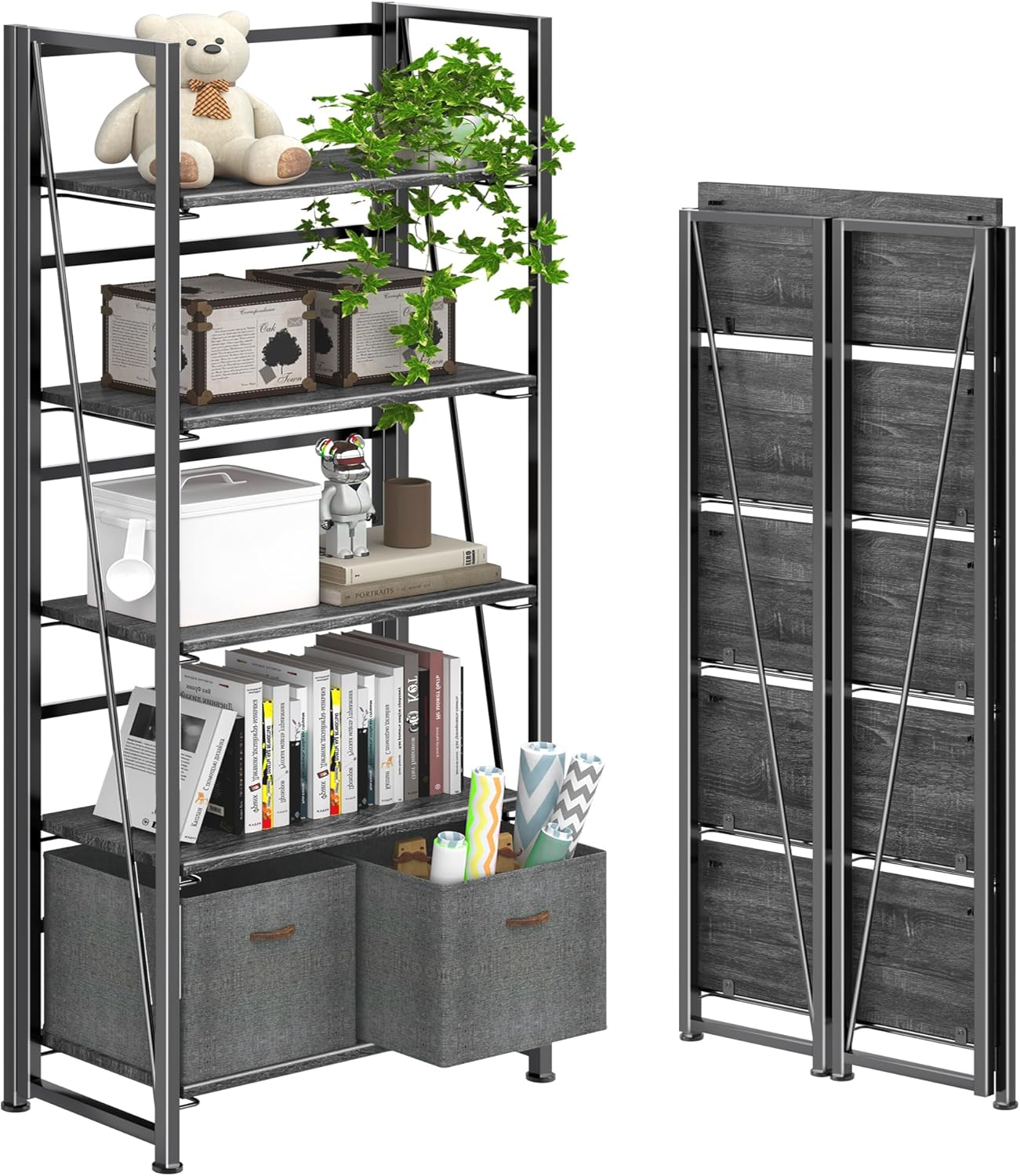 4NM No Assembly Foldable Bookshelf, 5-Shelf Collapsible Bookcase Storage for Small Spaces, 62.2" H, Gray and Black