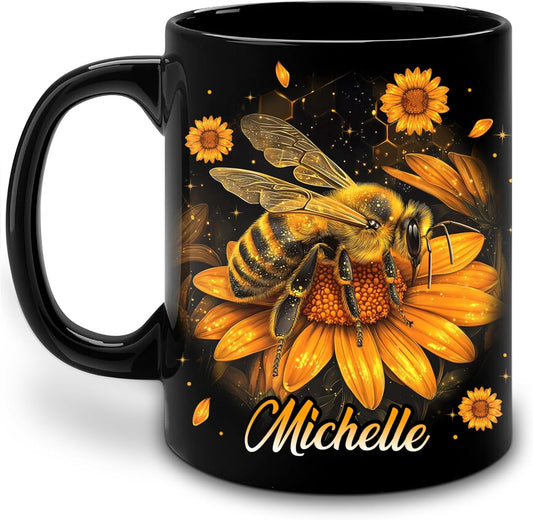 Hyturtle Personalized Sunflower Bee Mug - Bee Keeper Gifts For Women Lovers Teacher - Honey Gifts For Beekeeper Farmer On Birthday - Queen Honeycomb Decor - Custom Coffee Cup Ceramic Mug 11 Oz 15 Oz