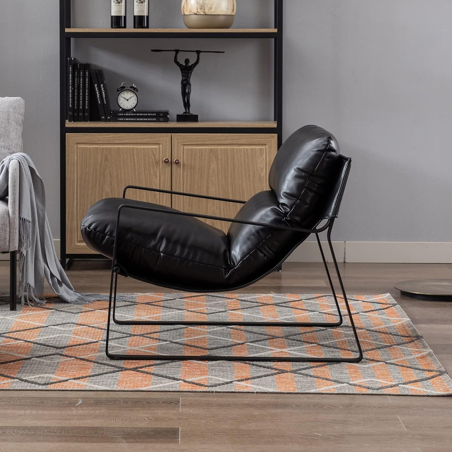 DUOMAY Mid-Century Accent Chair Armchair, Comfy PU Leather Leisure Chair Lazy Chair with Metal Leg for Living Room Bedroom Office Apartment, Black